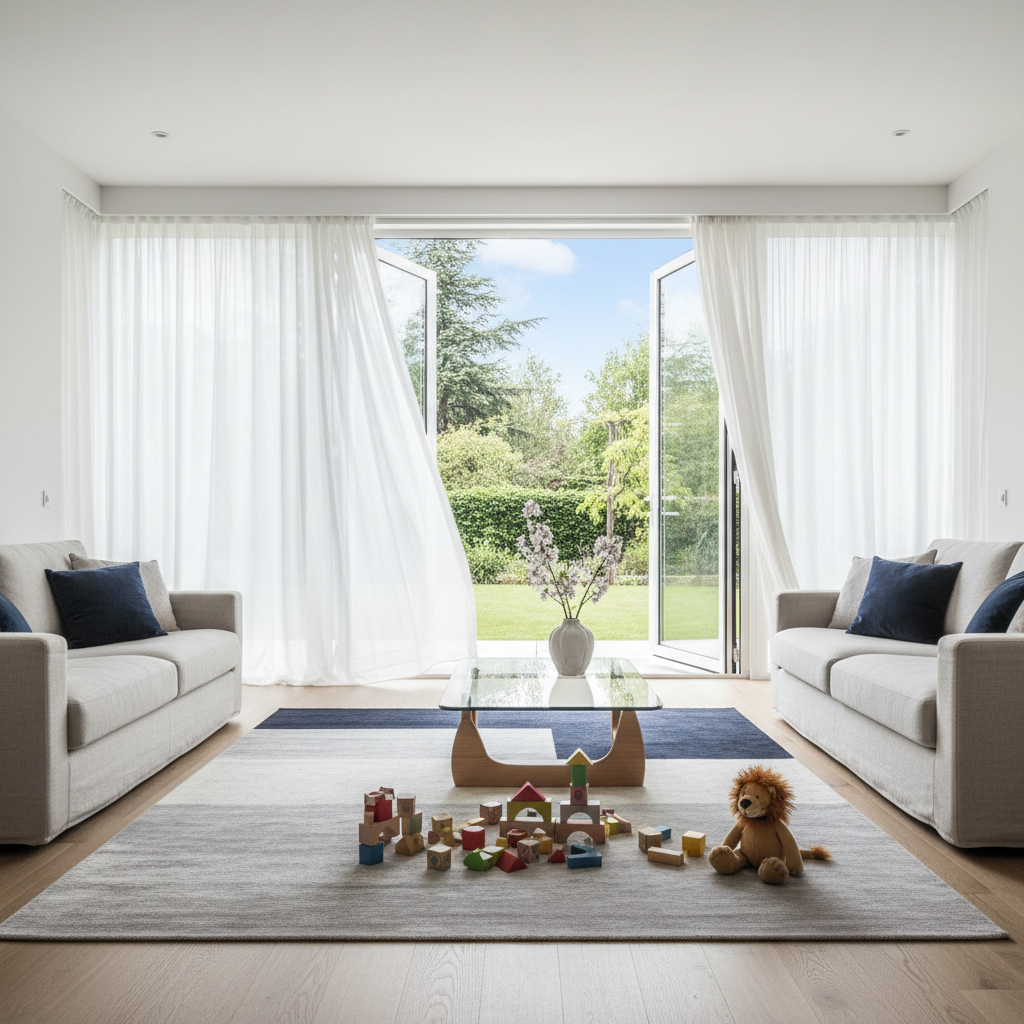 a bright, airy living room with a large open window, indicating fresh air circulation, and a child playing safely on the