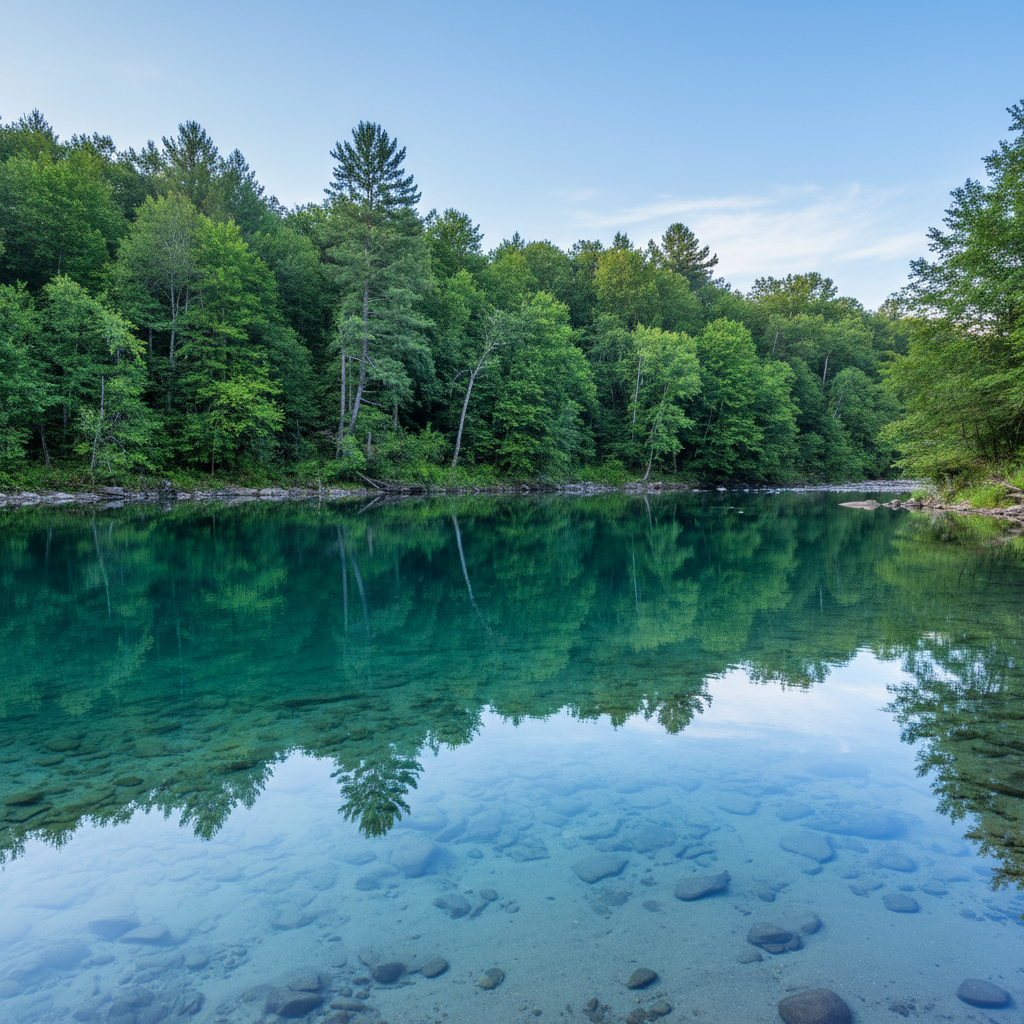a serene, clean body of water reflecting green trees, symbolizing environmental protection and clean ecosystems.