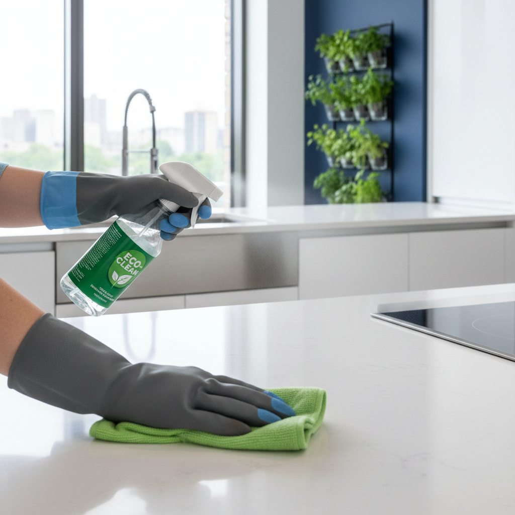 a professional cleaning crew member, in a clean uniform, using a green cleaning product to wipe down a kitchen counter. 
