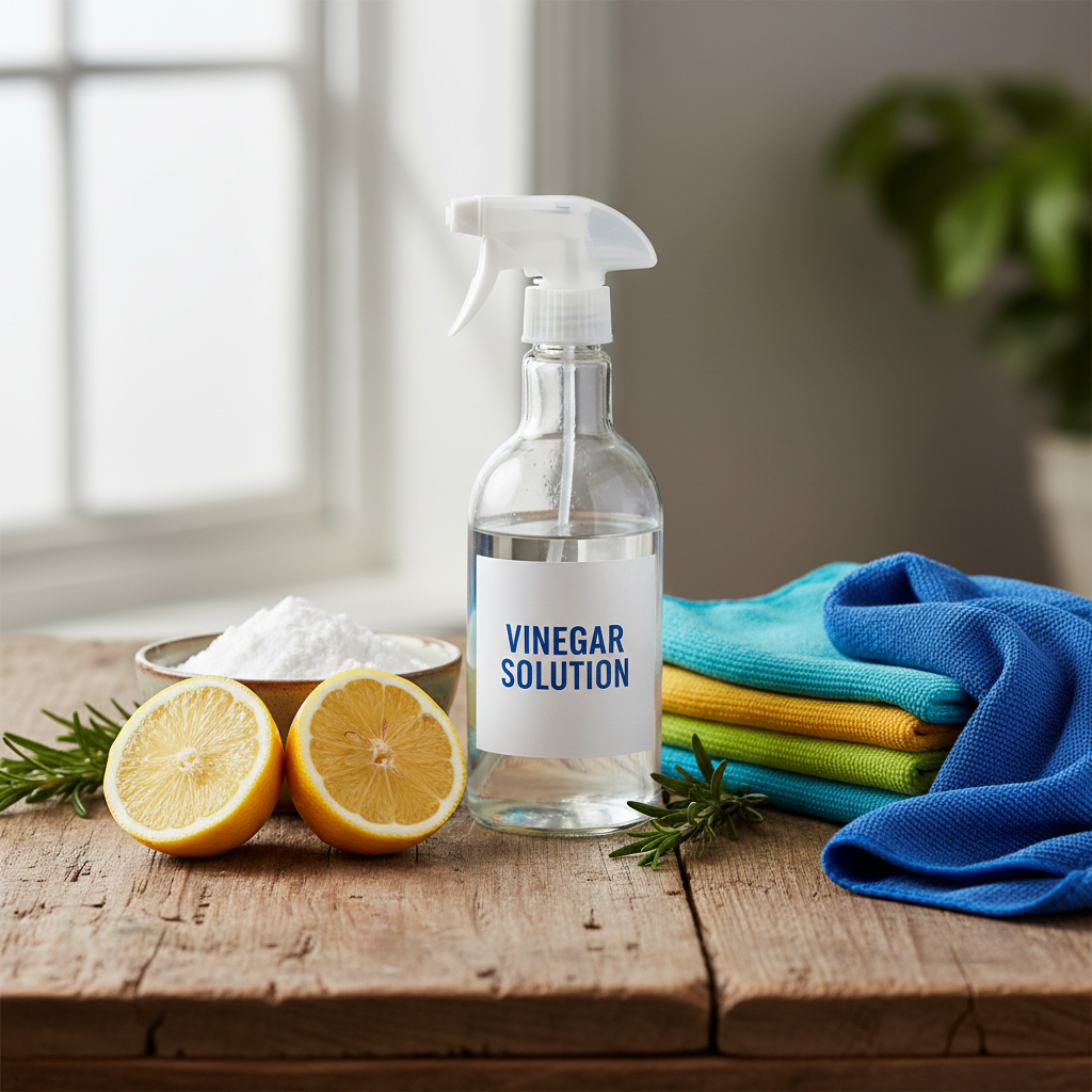 a collection of natural cleaning items like a spray bottle labeled 