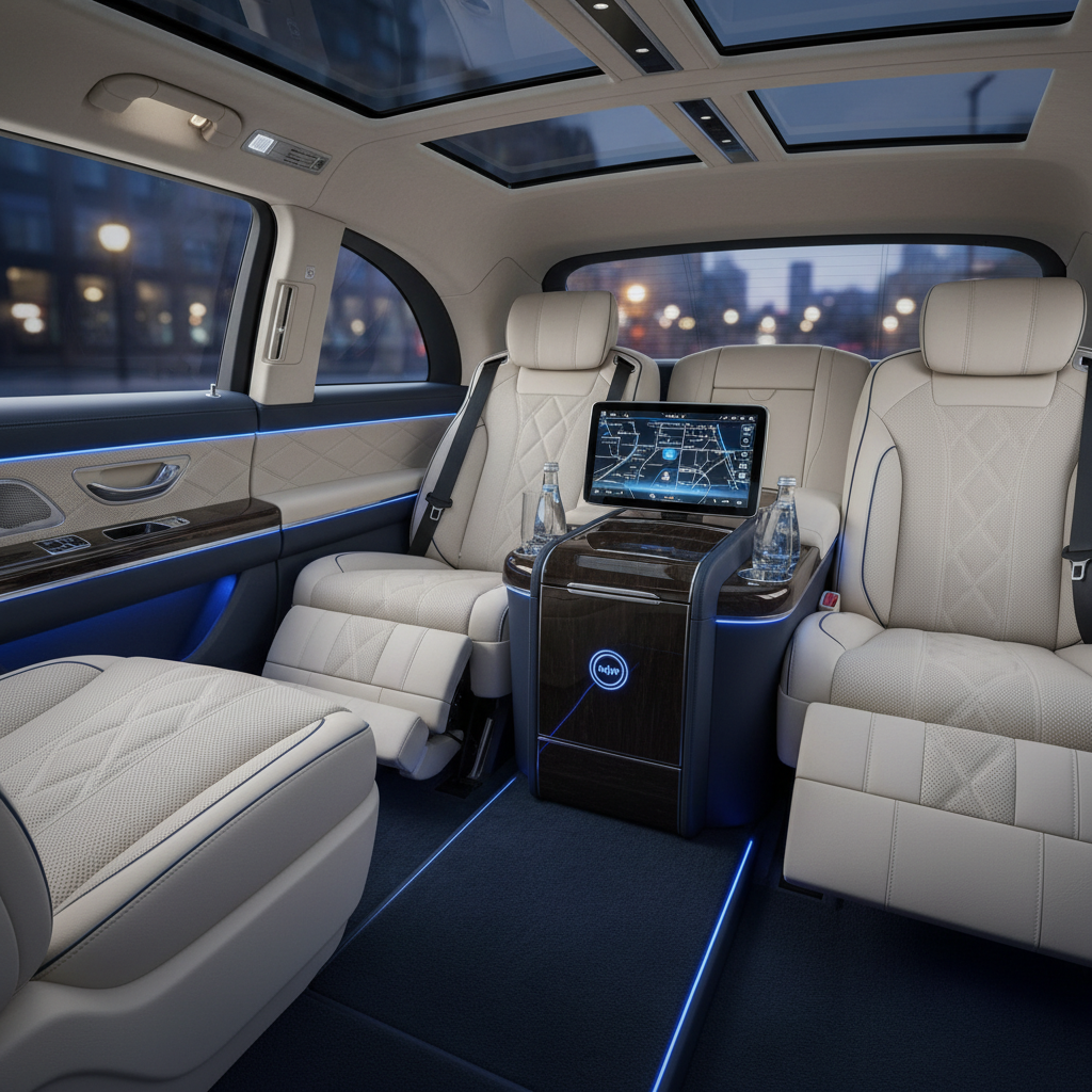 interior of a luxurious chauffeur-driven vehicle, plush seating, ample legroom, tinted windows, no people - scenic routes Singapore