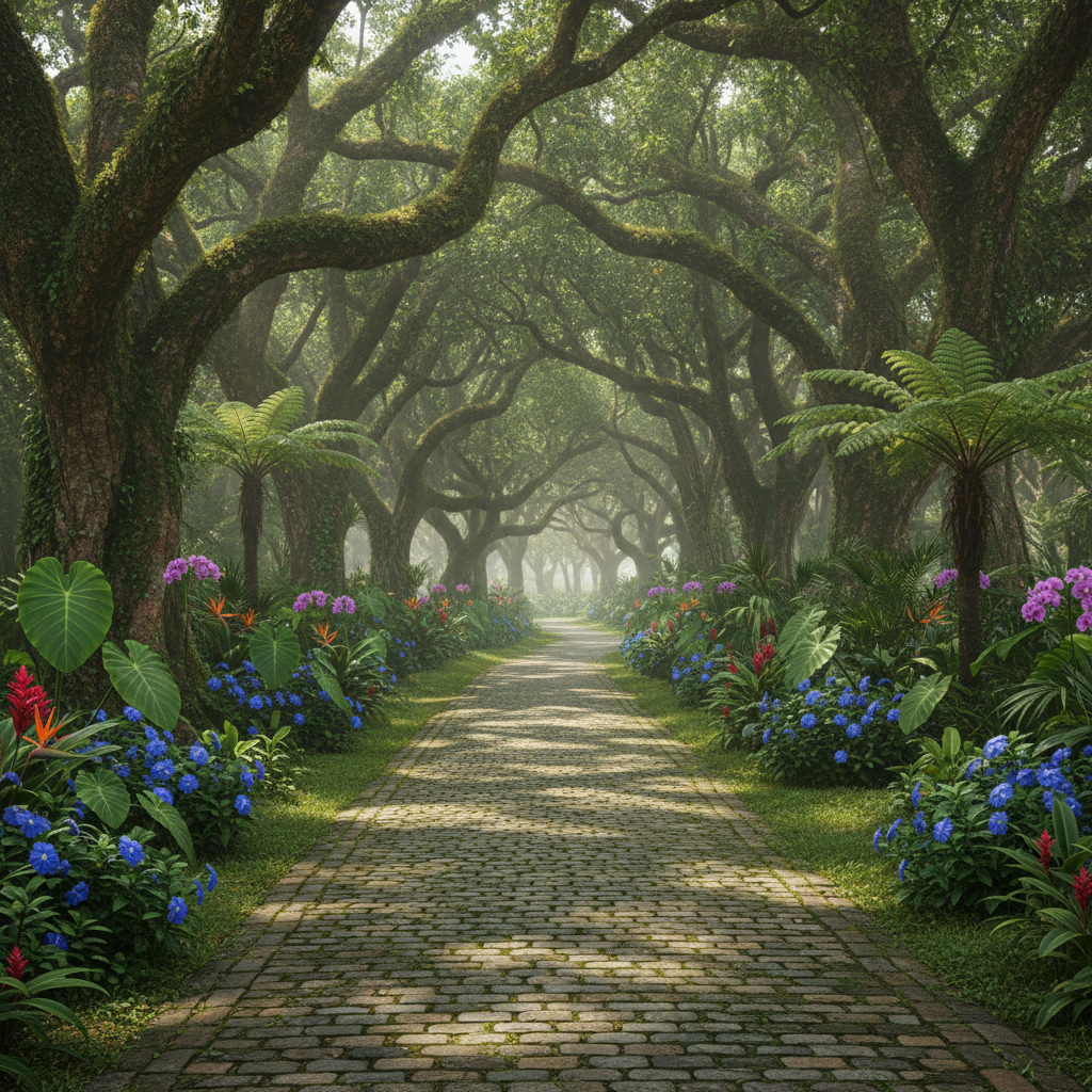 a winding path through a lush green park, bordered by mature trees and vibrant tropical plants, no people or vehicles - scenic routes Singapore