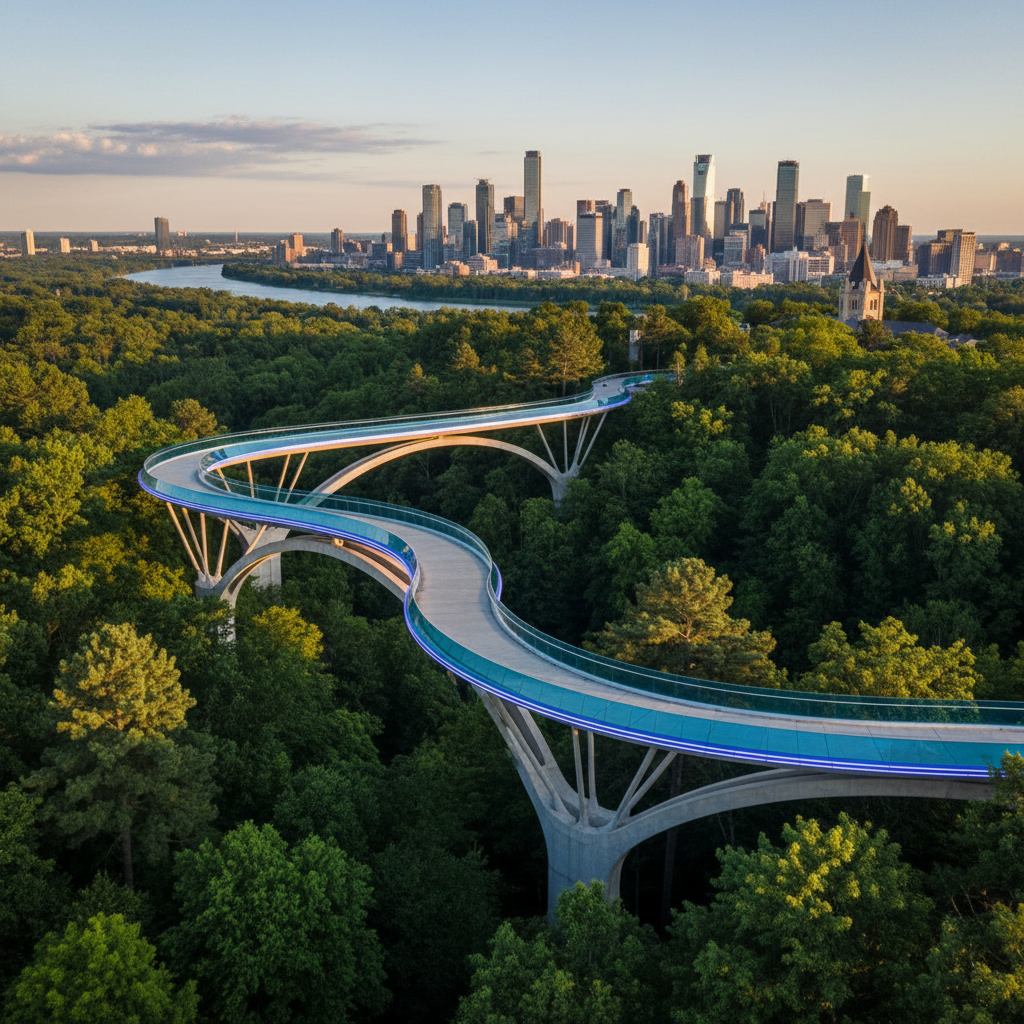 a high pedestrian bridge with an undulating architectural design, surrounded by dense green forest, overlooking a city s - scenic routes Singapore