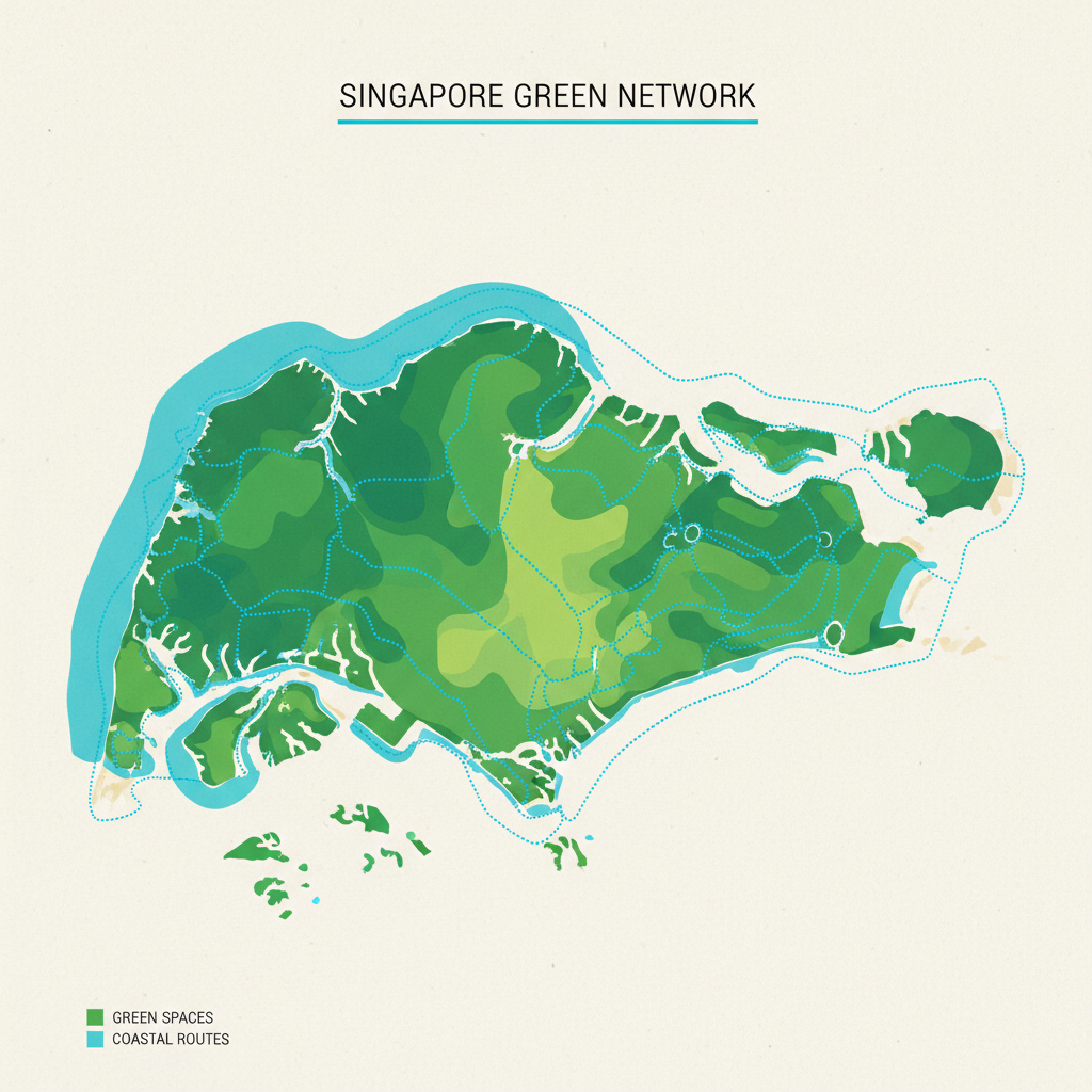 a neatly organized map of Singapore highlighting various green spaces and coastal areas with dotted lines indicating rou - scenic routes Singapore