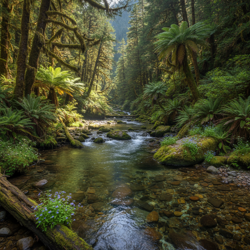 a pristine, clear stream flowing through a lush forest, symbolizing clean water and environmental health