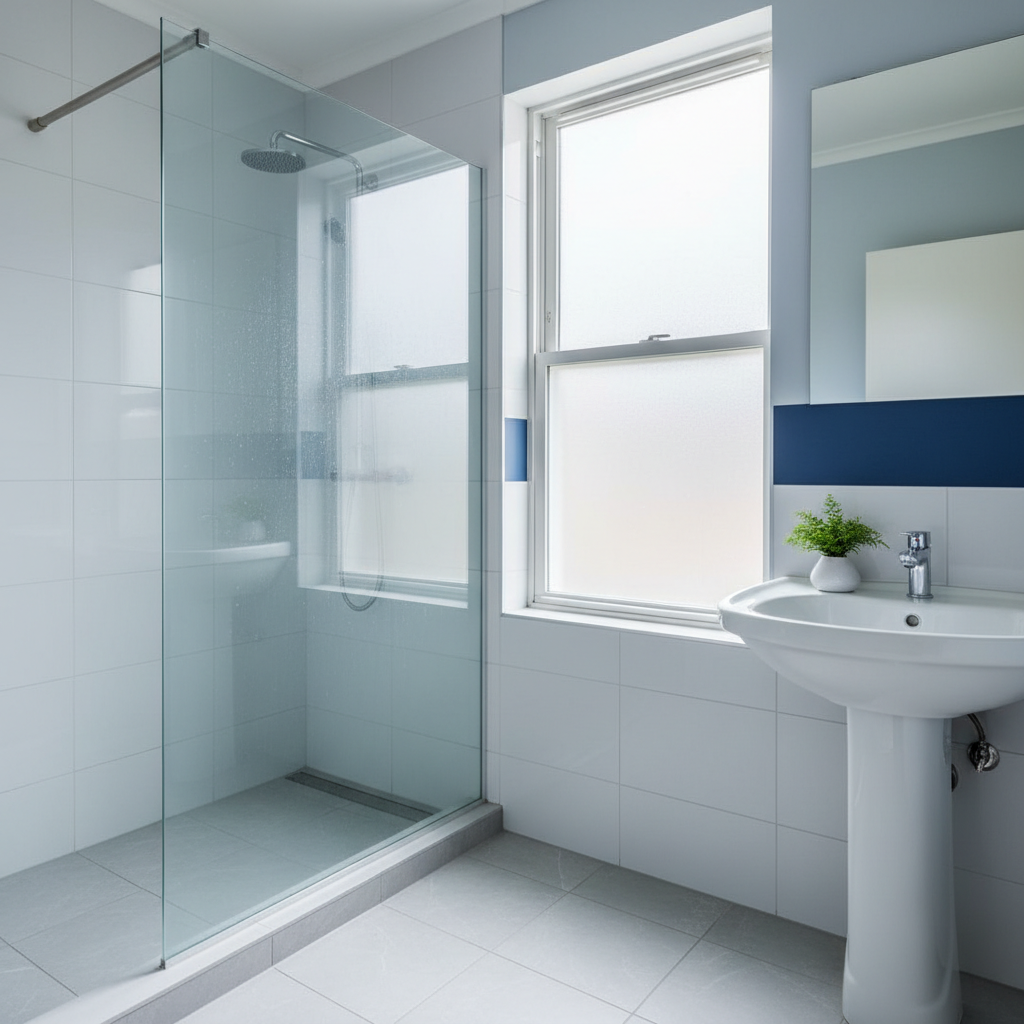 a sparkling clean bathroom showing a tile shower, glass door, and white ceramic sink, all reflecting light, with a small