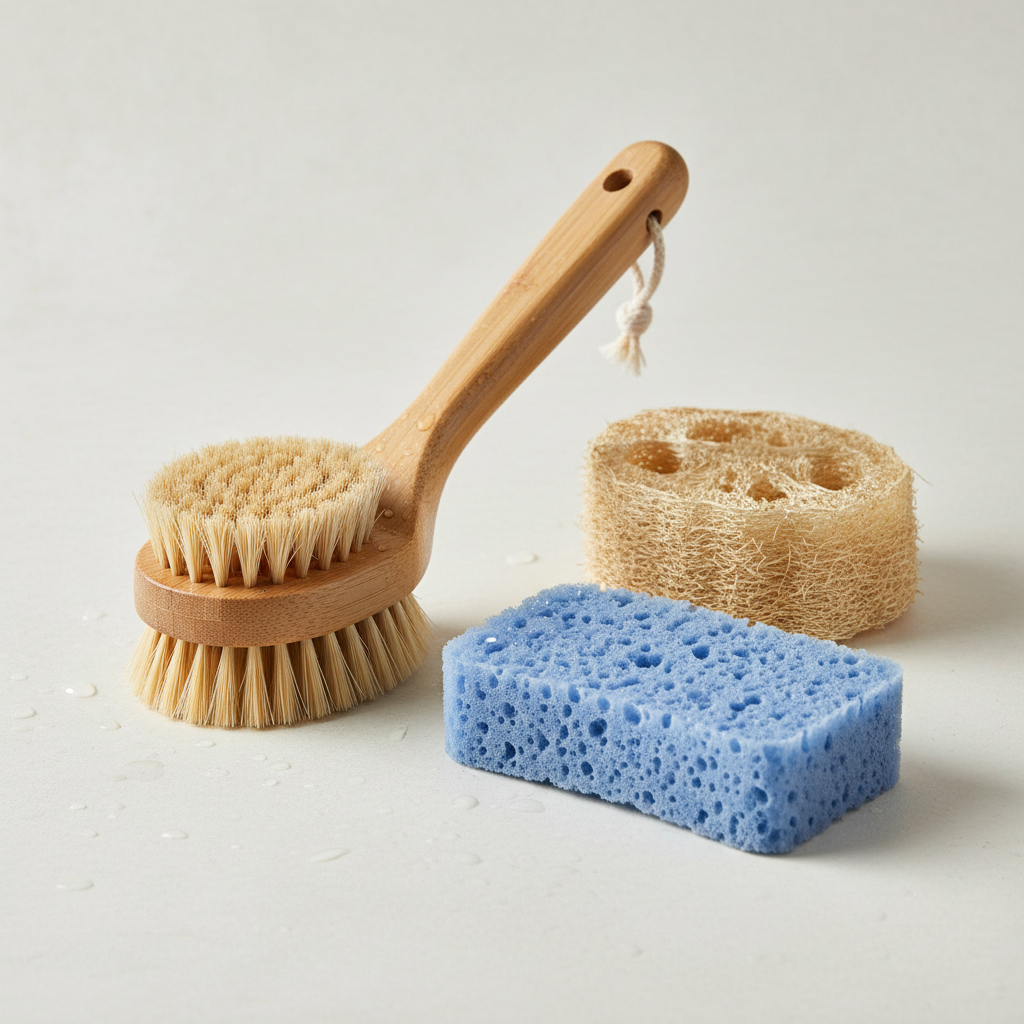 a close-up of various natural cleaning tools, including a bamboo-handled scrub brush, a loofah sponge, and a cellulose s