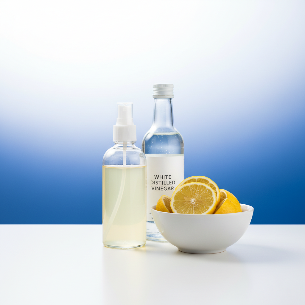 a clear glass spray bottle filled with a translucent liquid, next to a bowl of fresh lemon slices and a bottle of white 