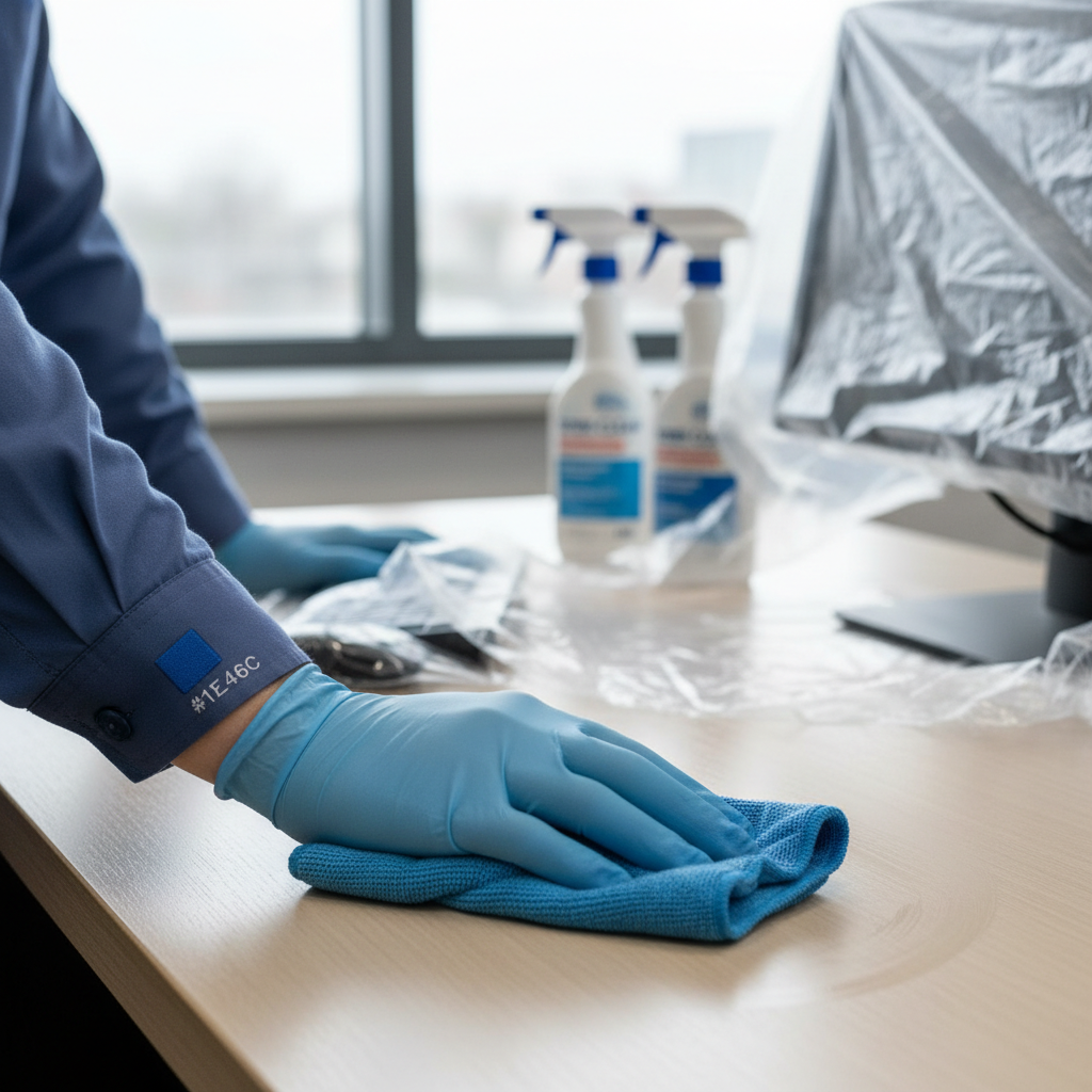 a person in cleaning uniform meticulously wiping down an office desk with a microfibre cloth, showing attention to detai
