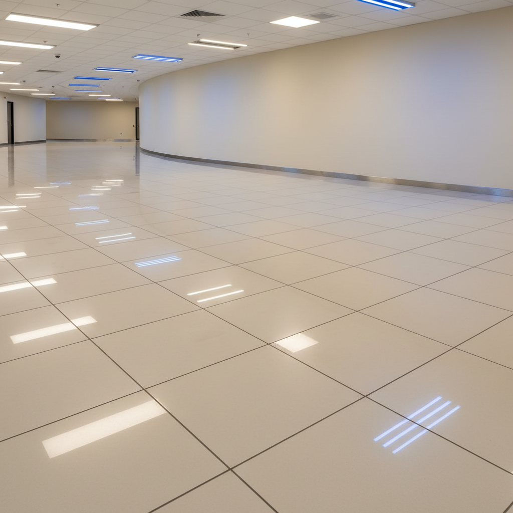 a clean, buffed office floor reflecting overhead lights, no smudges or dirt visible, suggesting meticulous care