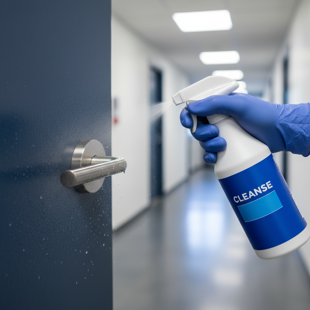 a gloved hand spraying disinfectant on an office door handle, highlighting a high-touch point