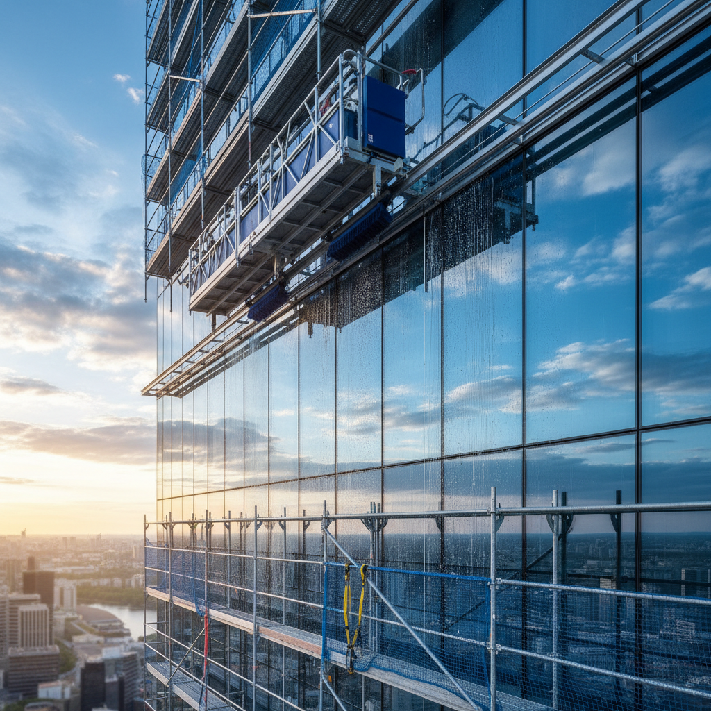 a professional window cleaner on scaffolding washing the exterior windows of a modern high-rise office building, showing