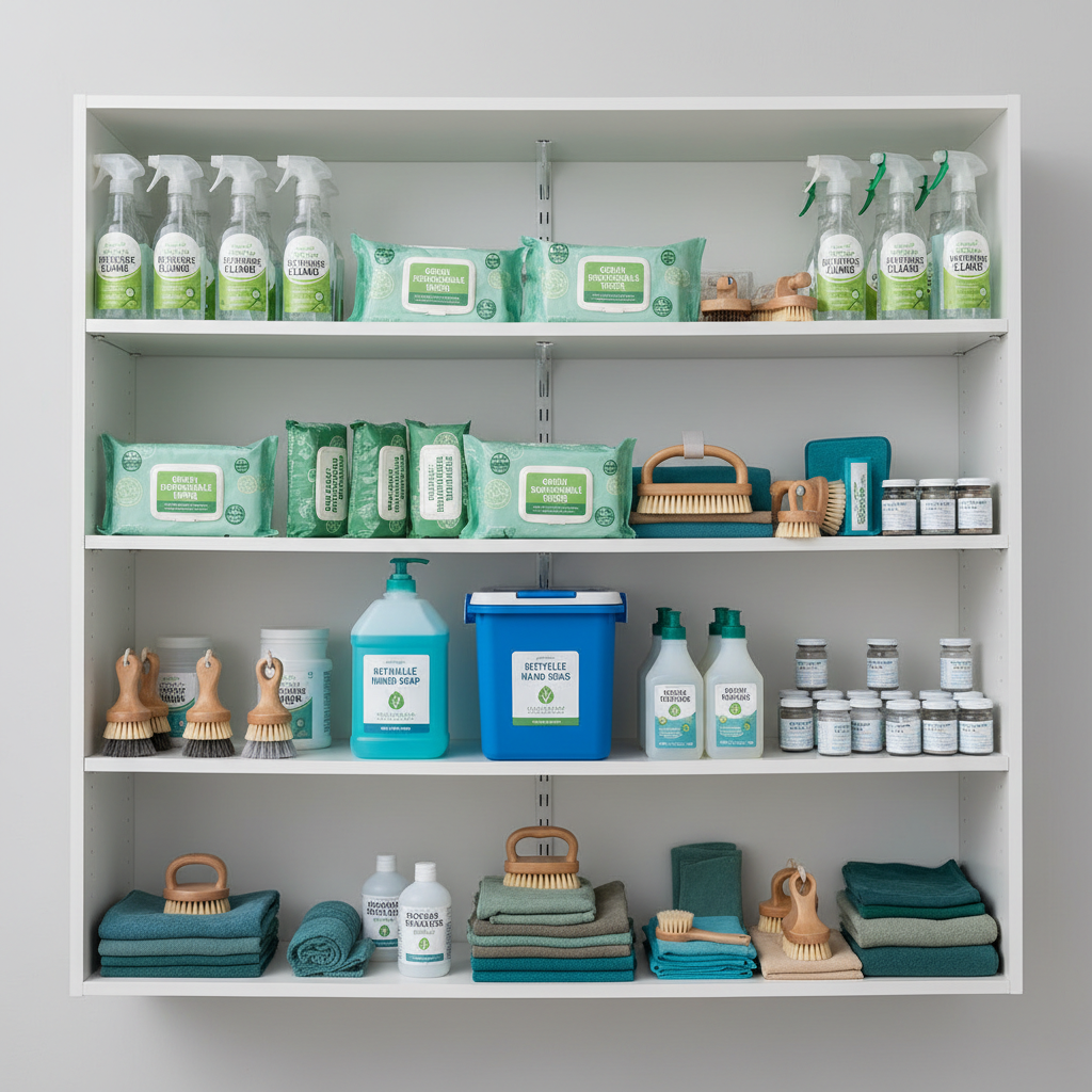 a tidy and organized office supply cupboard with various cleaning products, some visibly labeled