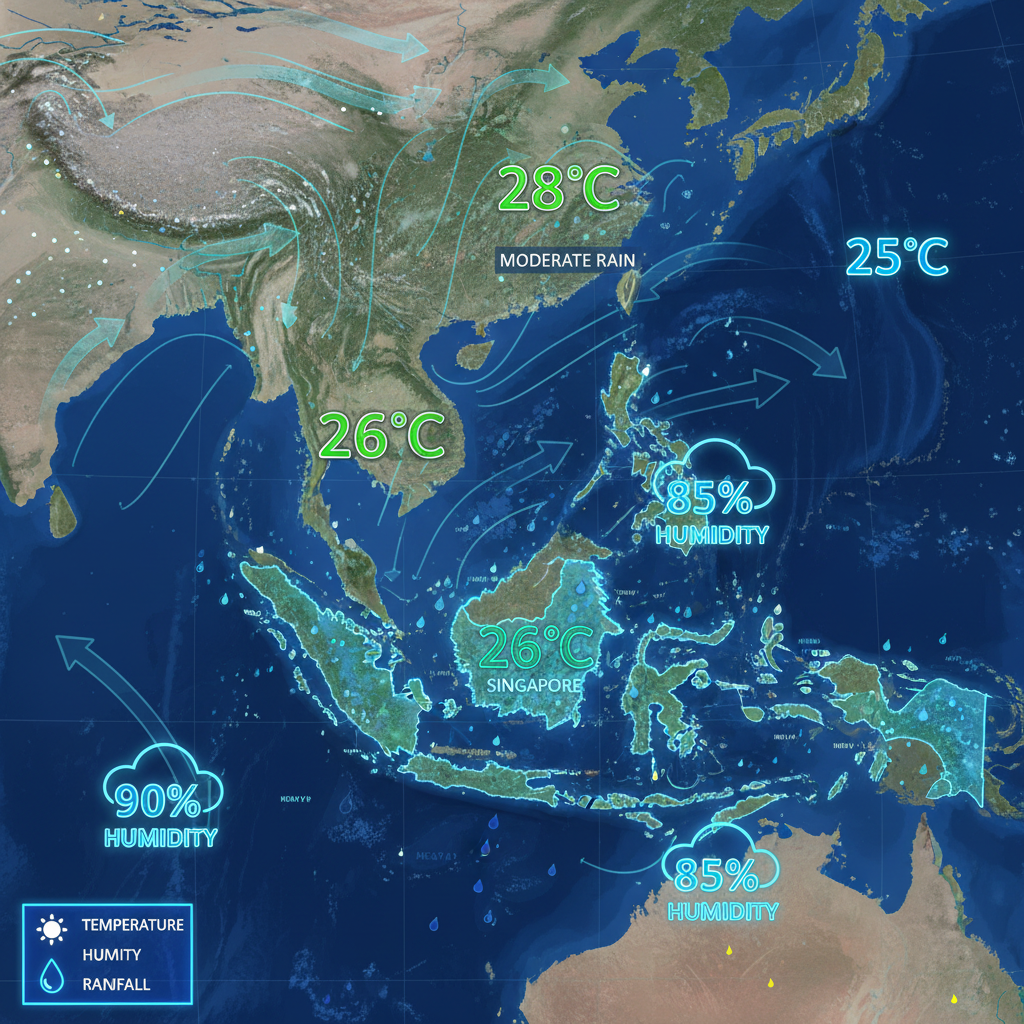a detailed weather map of Southeast Asia, specifically featuring Singapore, with annotations for humidity, temperature, - Planning Outdoor Events