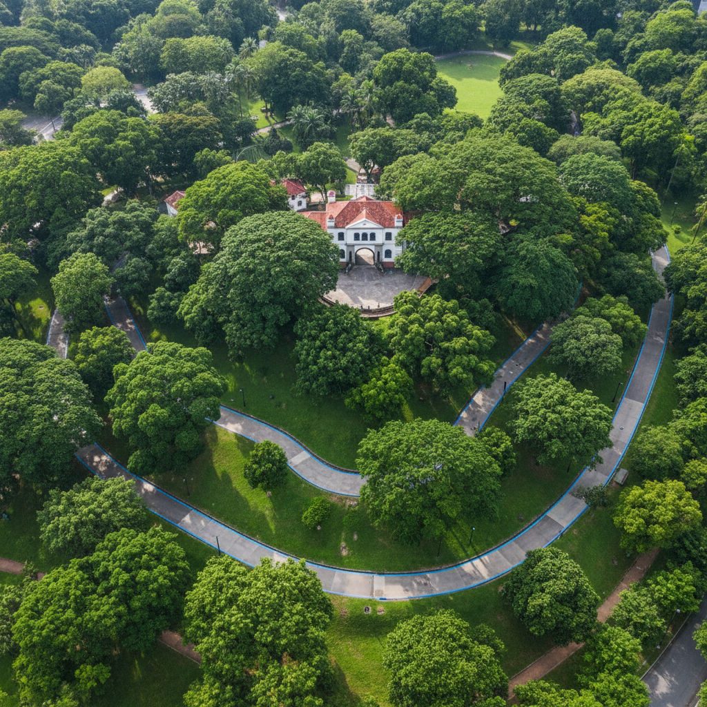 an overhead drone shot of Fort Canning Park in Singapore, highlighting its lush greenery, winding paths, and a historica - Planning Outdoor Events