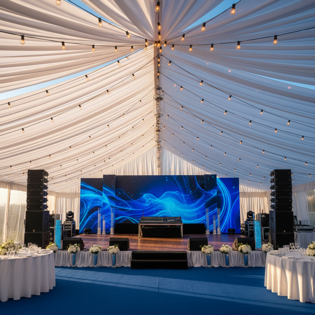 a brightly lit, professional staging area under an elegant marquee at an outdoor event, with sound equipment and decorat - Planning Outdoor Events