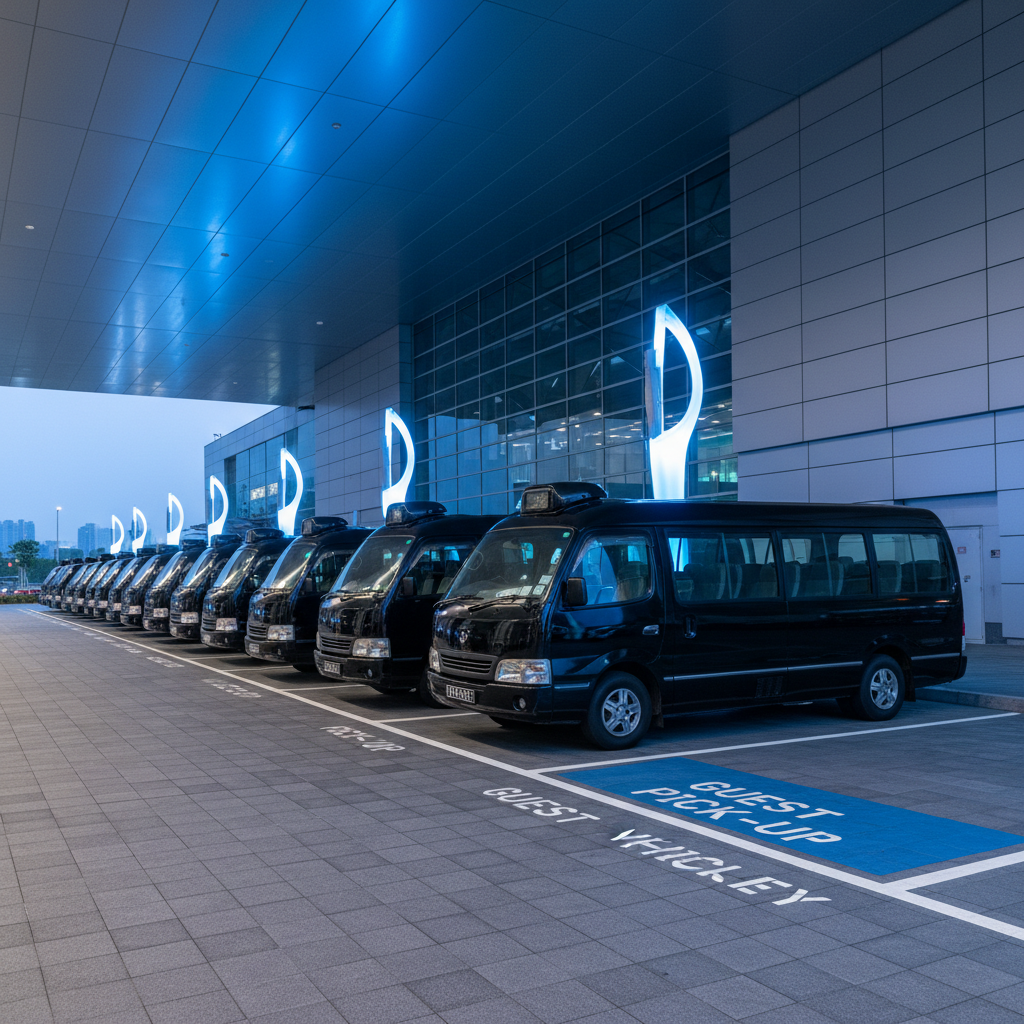 a line of sleek black maxicabs and minibuses parked neatly at a designated drop-off point outside a modern event venue, - Planning Outdoor Events