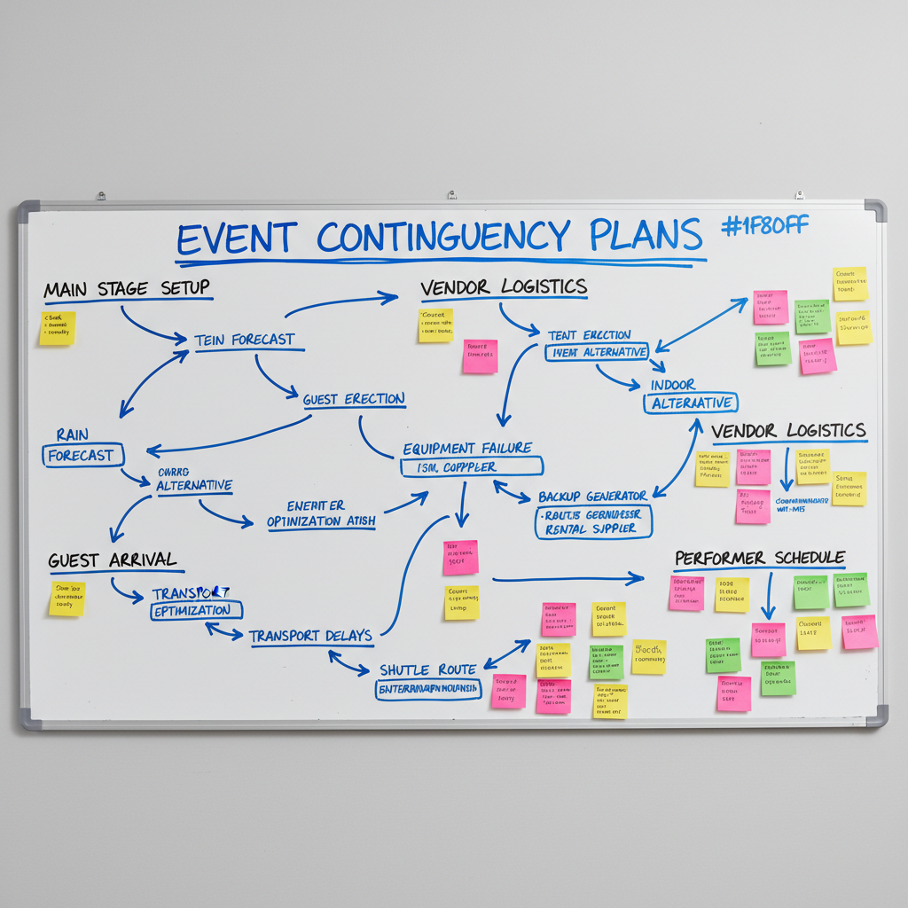 a whiteboard covered in flowcharts and sticky notes, illustrating complex event contingency plans with arrows for differ - Planning Outdoor Events