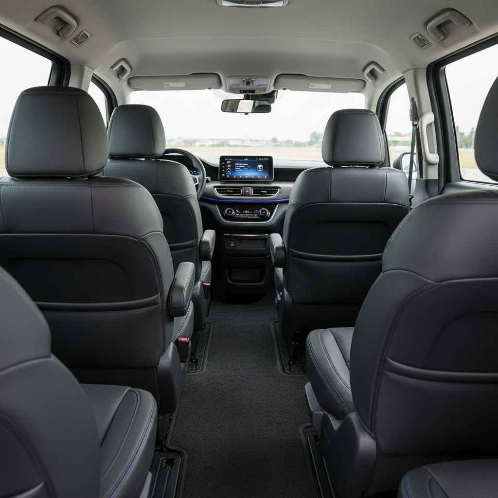 interior shot of a spacious, clean 7-seater maxi cab with comfortable seating, no people. focus on the empty seats and l - last-minute transport Singapore