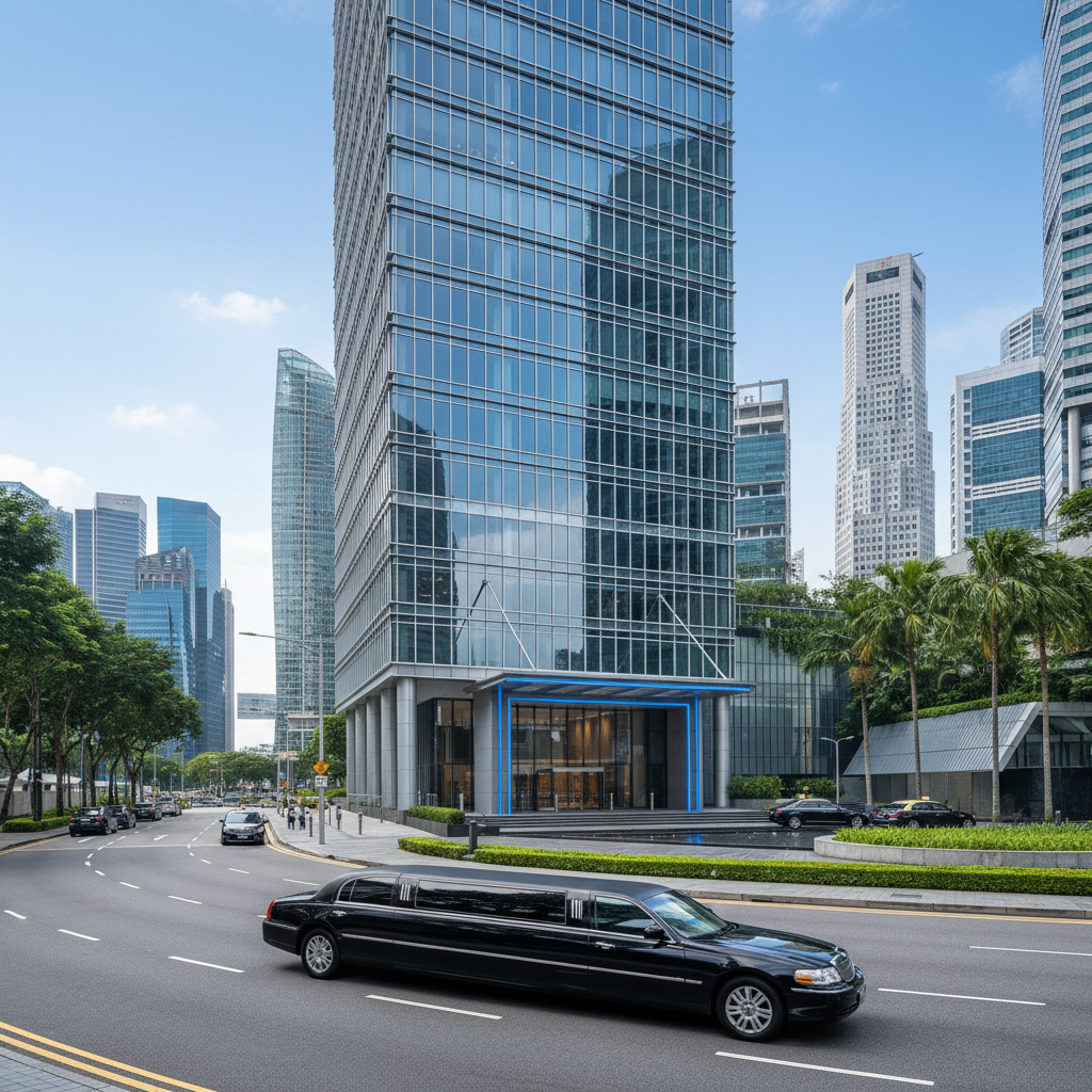 a sleek, black limousine parked outside a modern high-rise glass building in Singapore's central business district, no p - last-minute transport Singapore