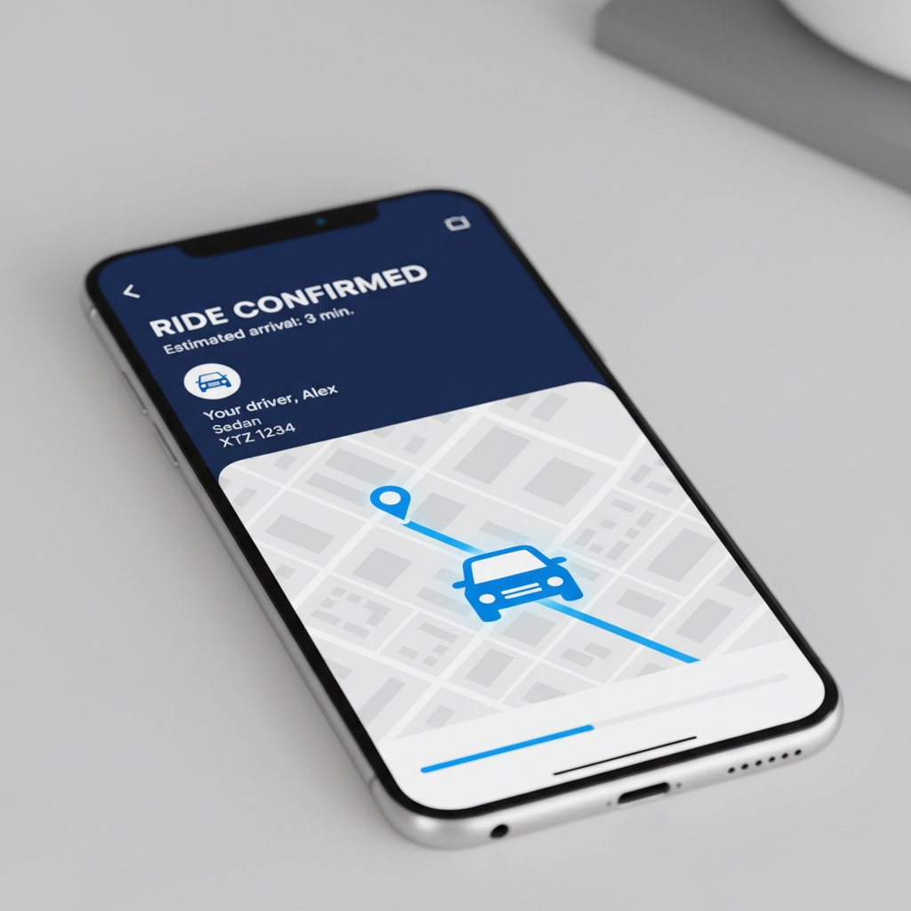 a close-up of a smartphone screen displaying a ride-hailing app with a confirmed booking and a map showing a car approac - last-minute transport Singapore