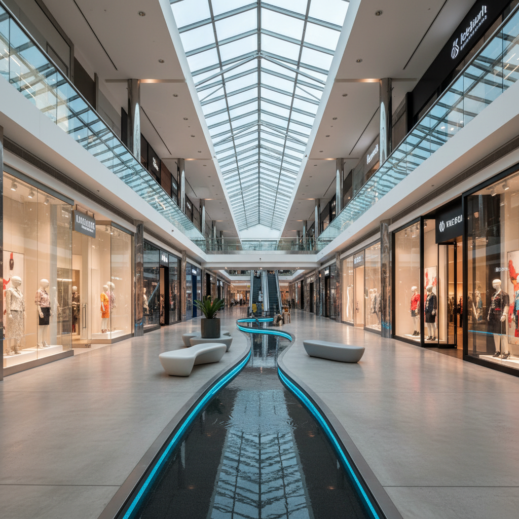 a sleek, modern shopping mall interior with high ceilings and designer boutiques, devoid of people - singapore shopping guide