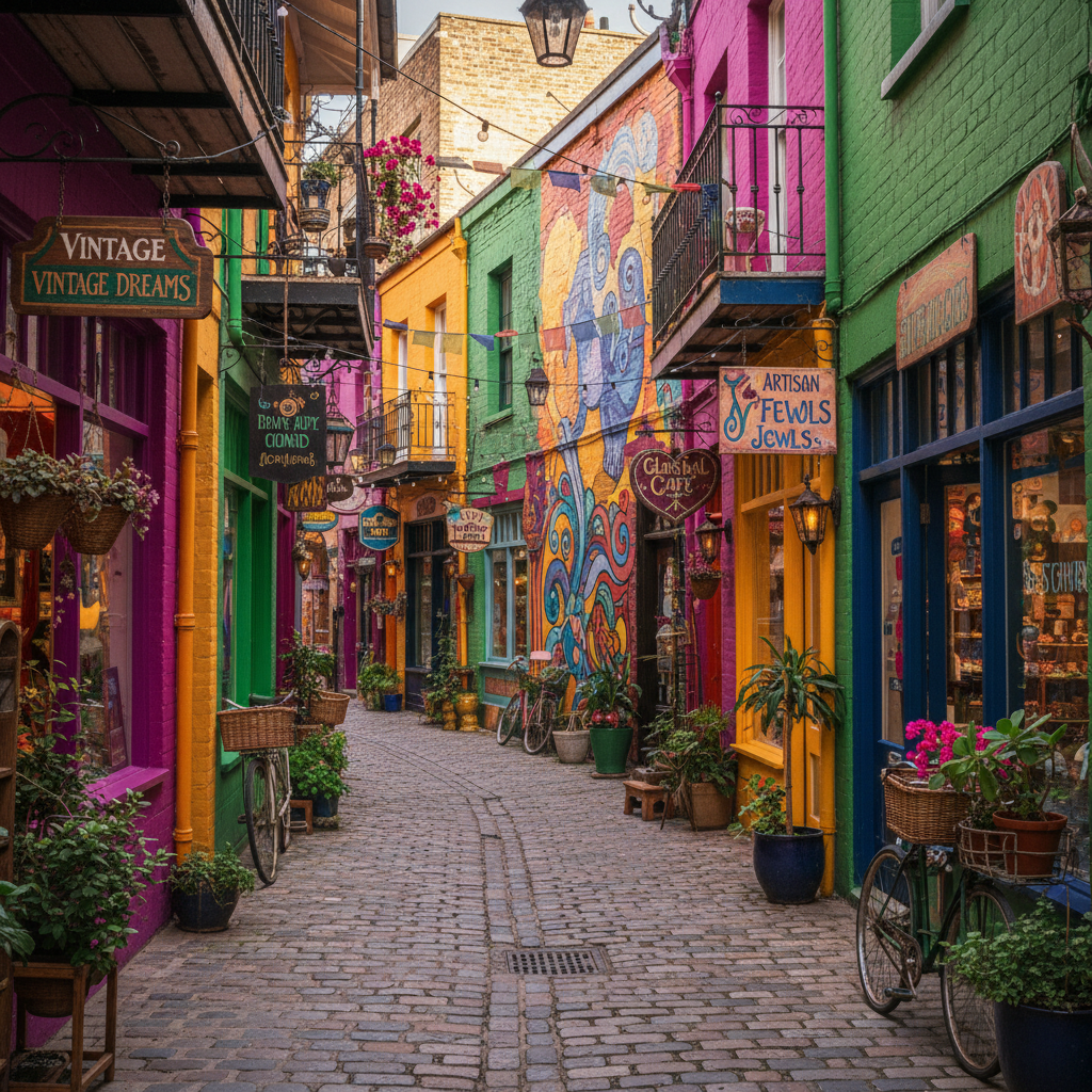 a colorful alleyway lined with small, independent shops and vibrant murals, representing a bohemian shopping district - singapore shopping guide