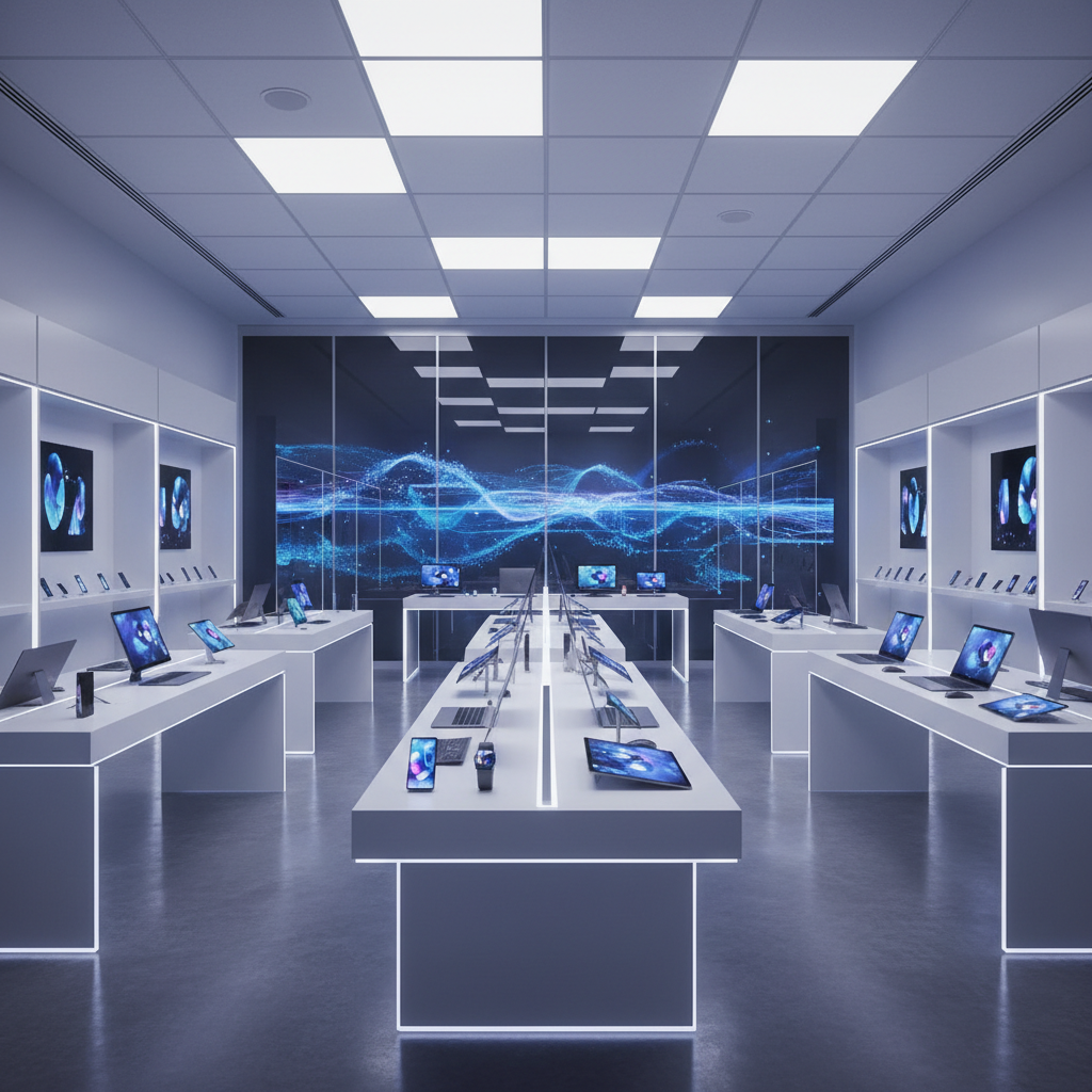 a modern electronics store interior featuring rows of illuminated smart devices and computers, no people - singapore shopping guide