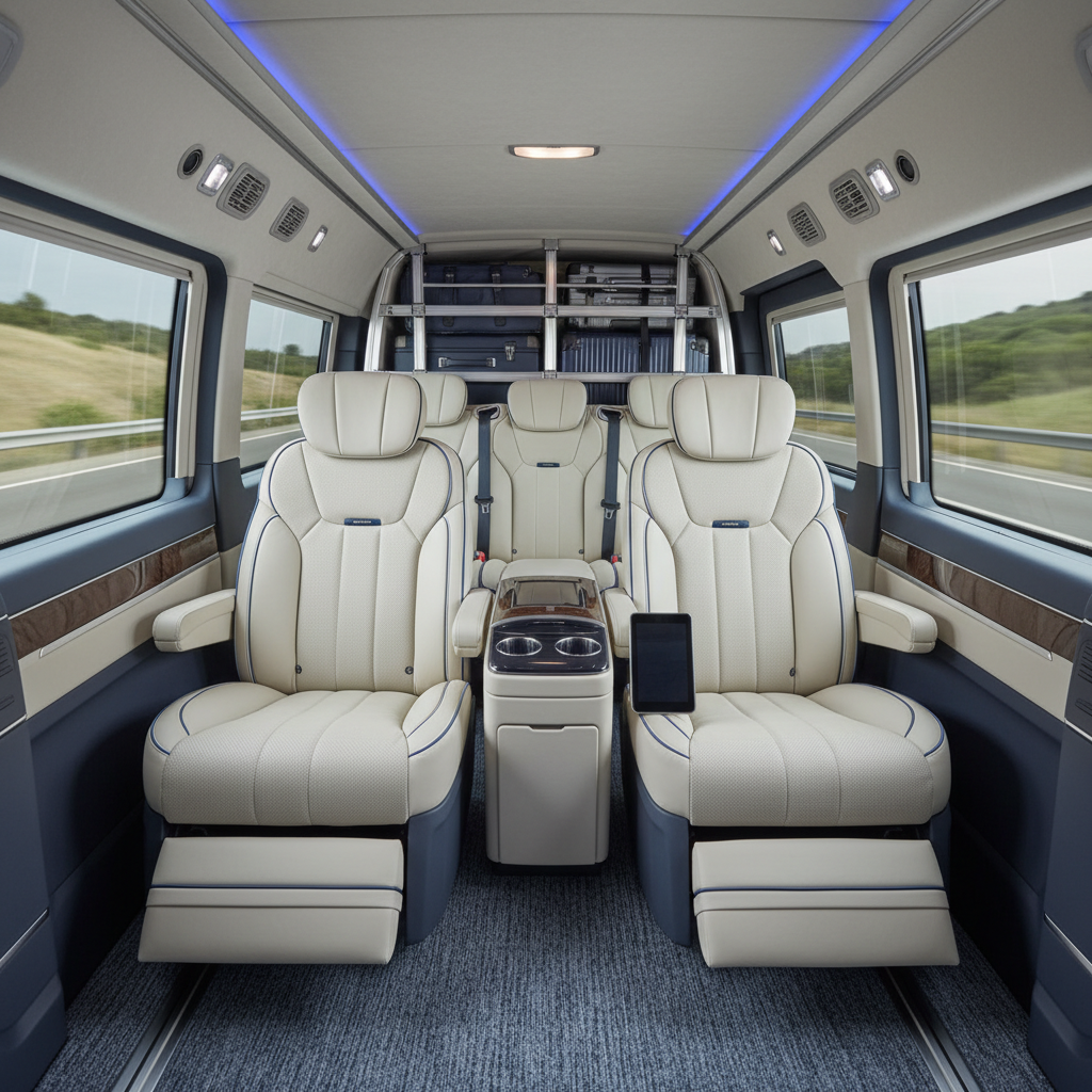 a spacious, premium van interior with comfortable seating and ample room for luggage, viewed from the passenger perspect - singapore shopping guide