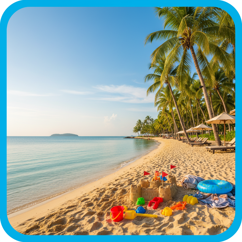 children and families enjoying a sunny beach on Sentosa Island, with clear blue waters and palm trees in the background, - family-friendly destinations Singapore