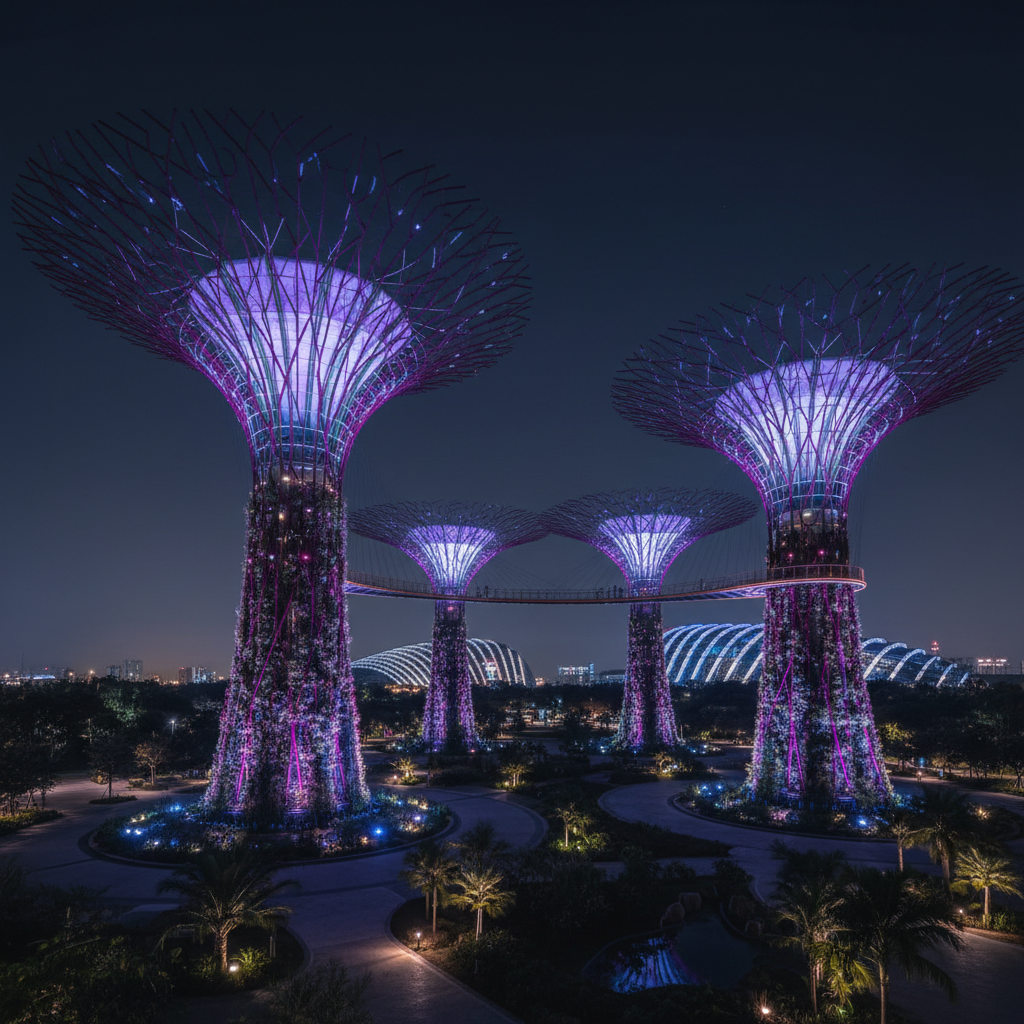 the Supertree Grove at Gardens by the Bay, illuminated at night with vibrant purple and blue lights, no people - family-friendly destinations Singapore