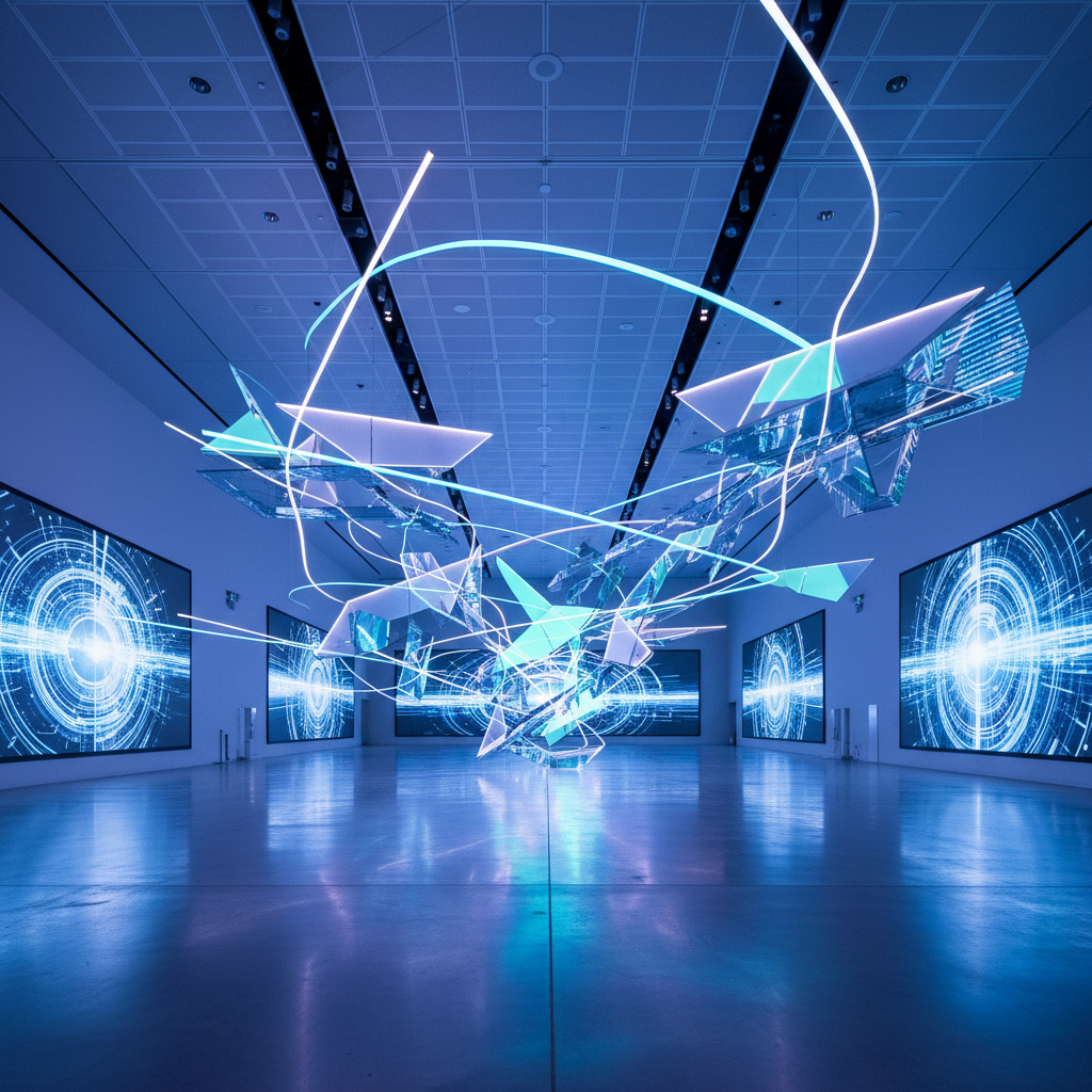 a futuristic digital art installation with glowing light paths and abstract shapes inside a modern museum hall, no peopl - family-friendly destinations Singapore