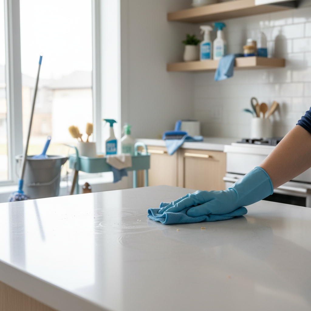 A cleaning professional meticulously wiping down a kitchen countertop in a newly renovated kitchen, with cleaning suppli