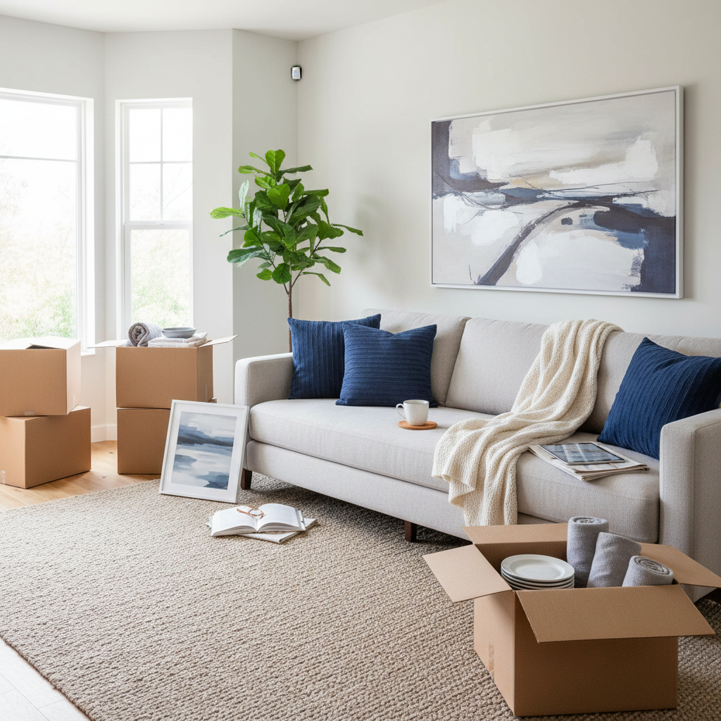A family smiling and relaxing on a sofa in a bright, clean living room, with unpacked boxes neatly stacked in a corner, 