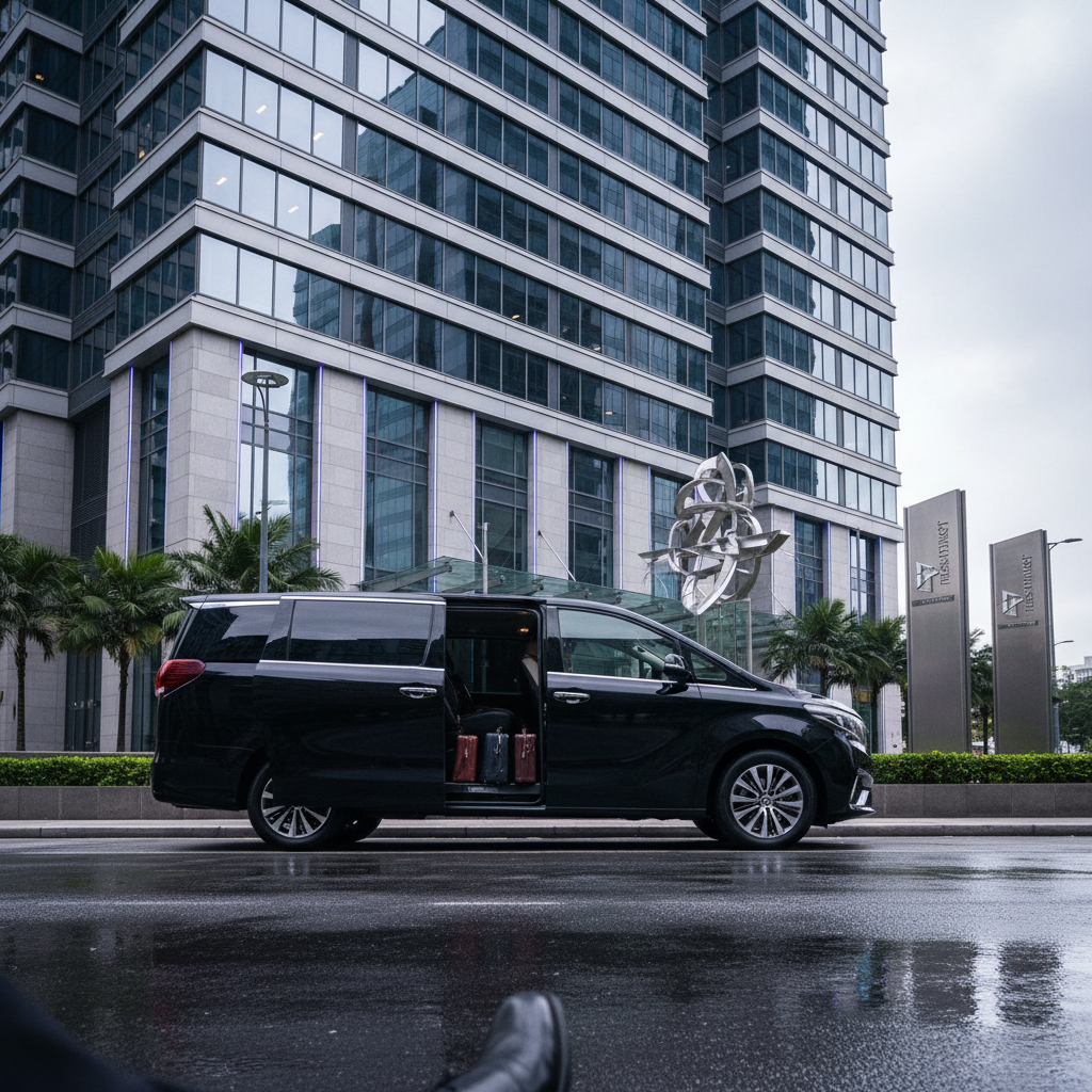 a group of well-dressed business professionals alighting from a luxurious black multi-purpose vehicle (MPV) in front of - private chauffeur Singapore