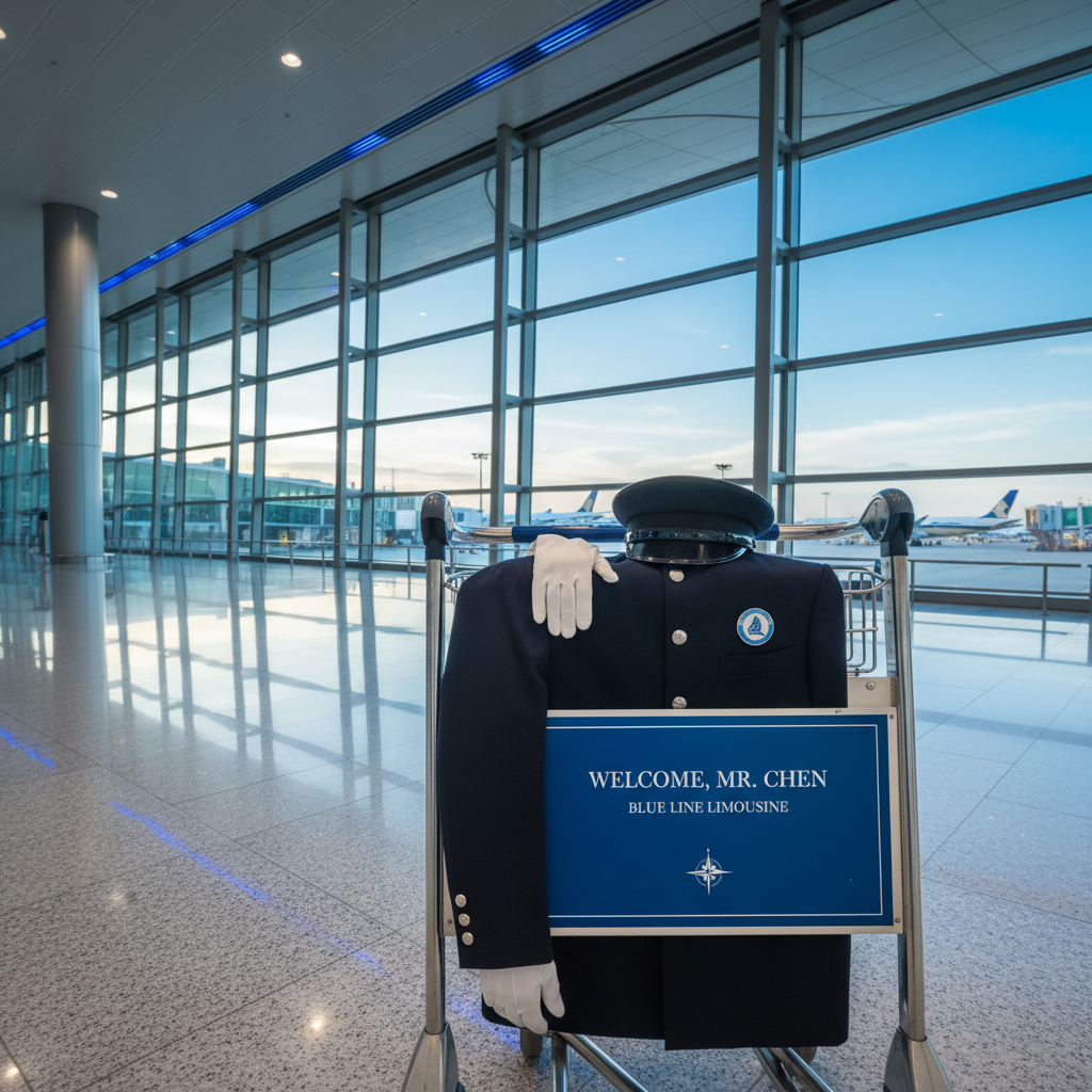 a professional chauffeur in uniform holding a personalized sign, waiting at the arrival gate of a modern airport termina - private chauffeur Singapore