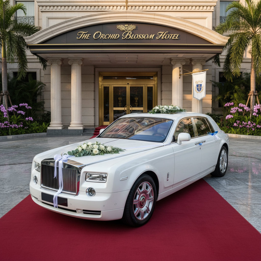 a pristine white luxury car adorned with subtle wedding decorations, parked gracefully at the entrance of a grand hotel - private chauffeur Singapore