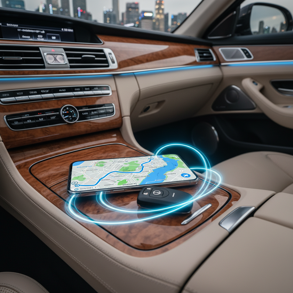 a mobile phone displaying a GPS map of Singapore with a custom route, resting on the console of a luxurious car interior - private chauffeur Singapore