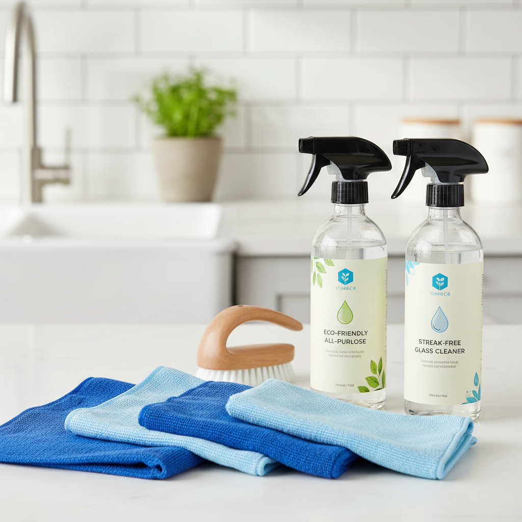 A set of professional cleaning tools neatly arranged, including microfibre cloths, spray bottles with eco-friendly label