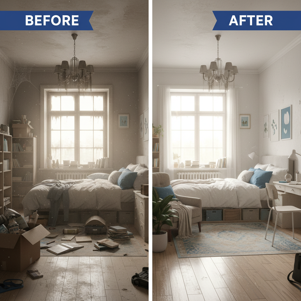 A before-and-after split image showing a dusty, disorganised room on one side and the same room sparkling clean and tidy
