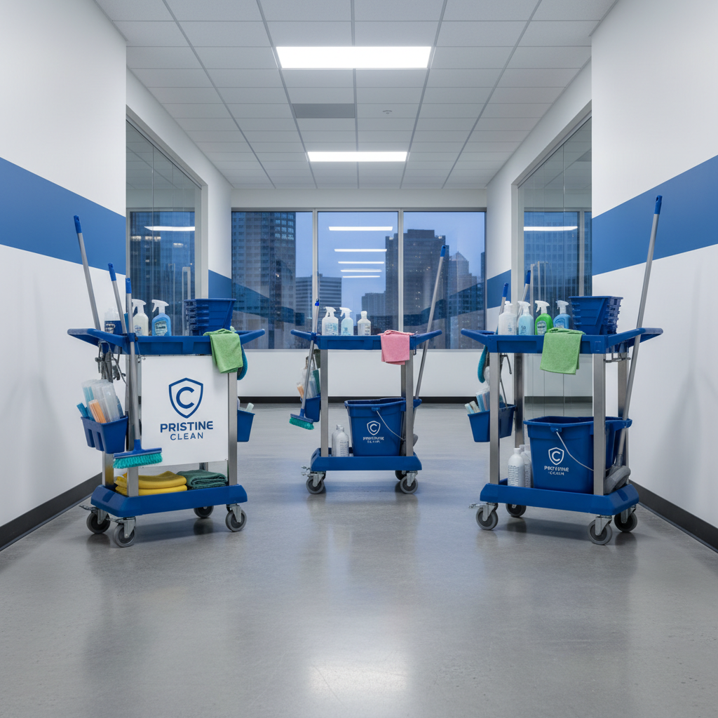 A diverse team of professional cleaners, dressed in clean, branded uniforms, smiling confidently, standing in a bright, 