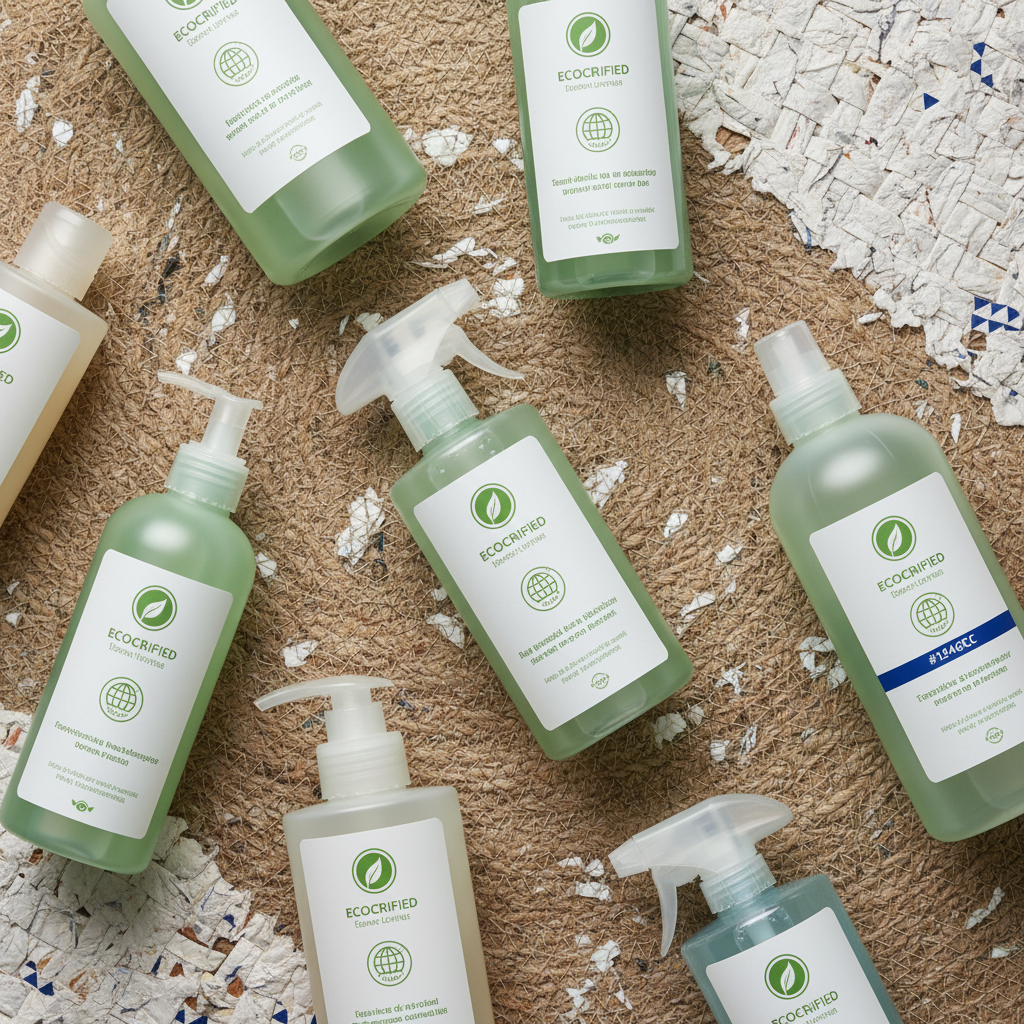 a close-up overhead shot of various household cleaning product bottles with minimalist, green-themed labels, some with r