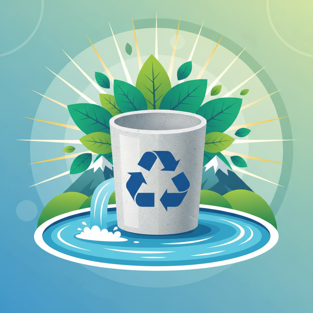 a stylized graphic illustrating interconnected environmental elements: clean water flowing into a lake, green leaves rep