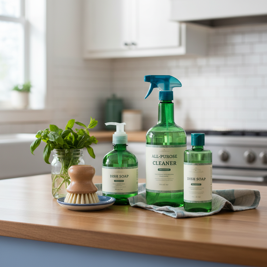 a collection of aesthetically arranged green cleaning bottles and tools in a pristine, bright kitchen setting, showcasin