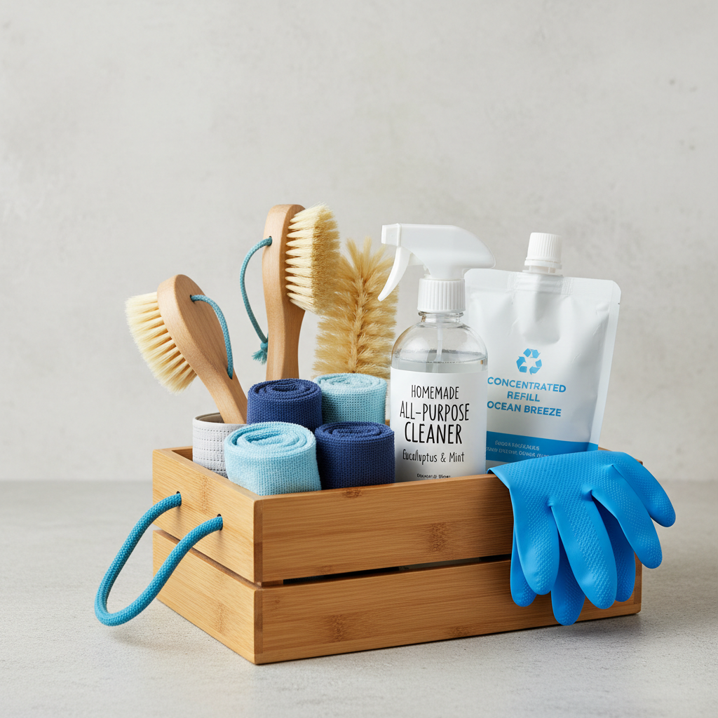 a neatly organized cleaning caddy filled with various sustainable cleaning tools: wooden brushes, microfiber cloths, a g