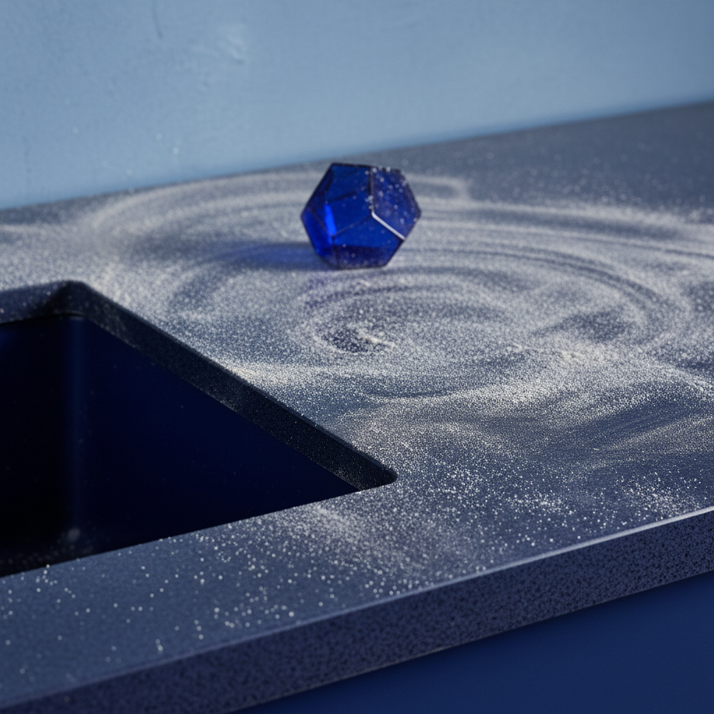 a detailed shot of fine construction dust settled on a dark, polished surface, highlighting its pervasive nature