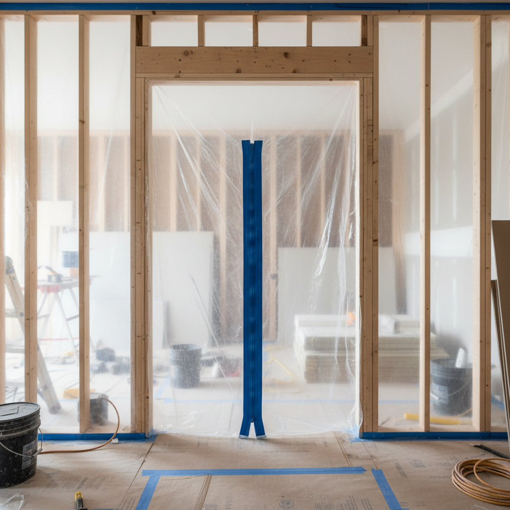 a renovation site showing a doorway sealed with clear plastic sheeting and a temporary zipper entry, demonstrating effec