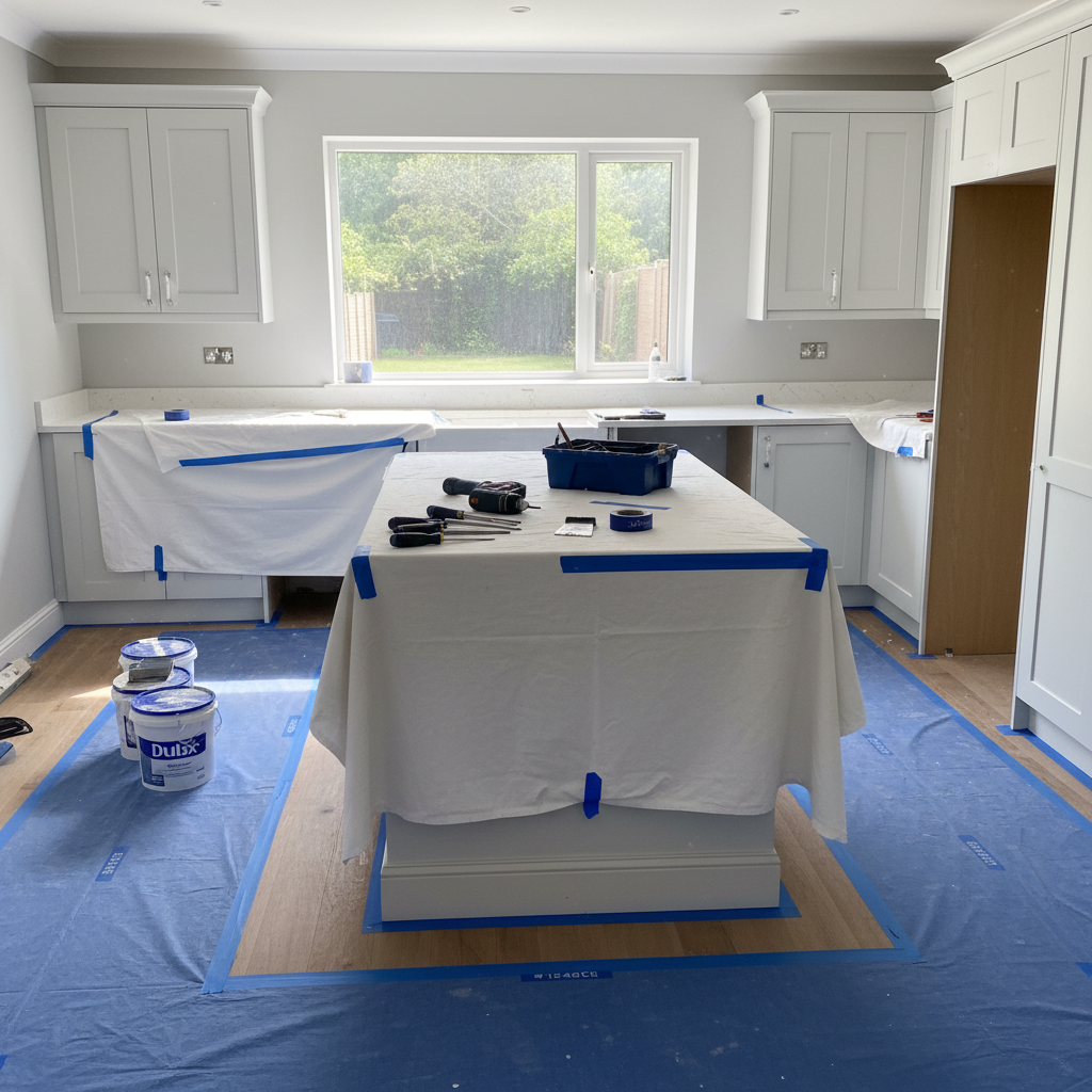 a renovated kitchen area, still with some tools, but noticeably tidy with covered floors and protected surfaces, indicat
