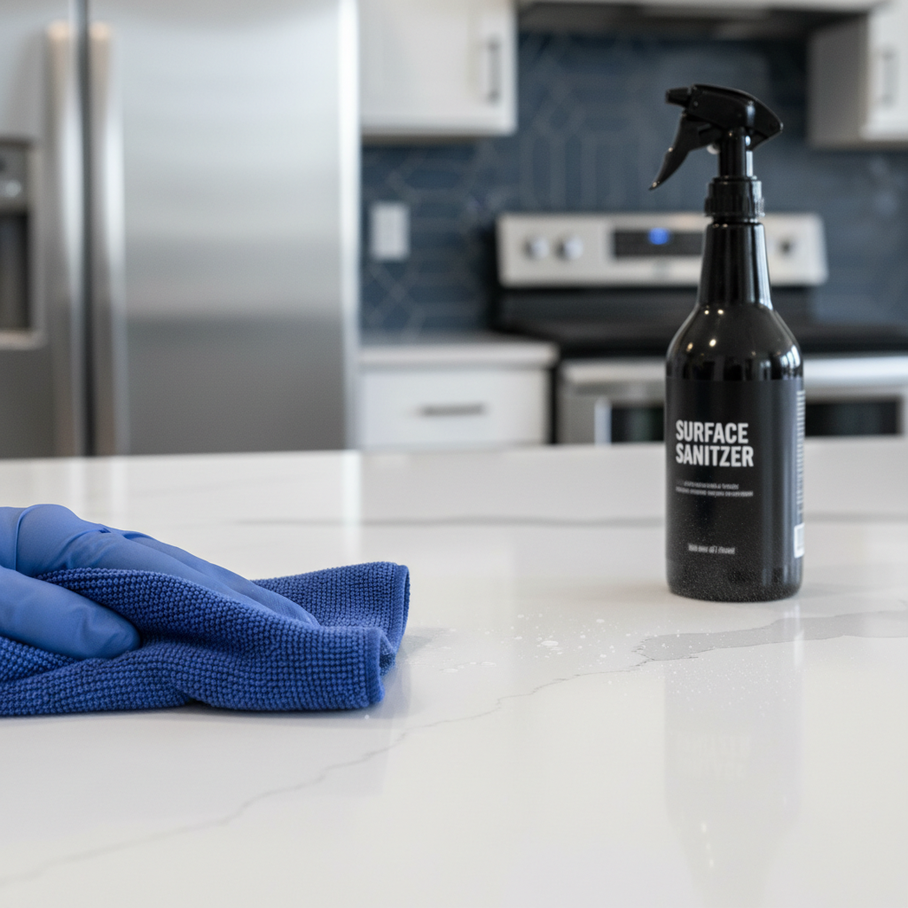 a professional cleaner meticulously wiping down a newly installed countertop, using a specialized spray bottle and micro