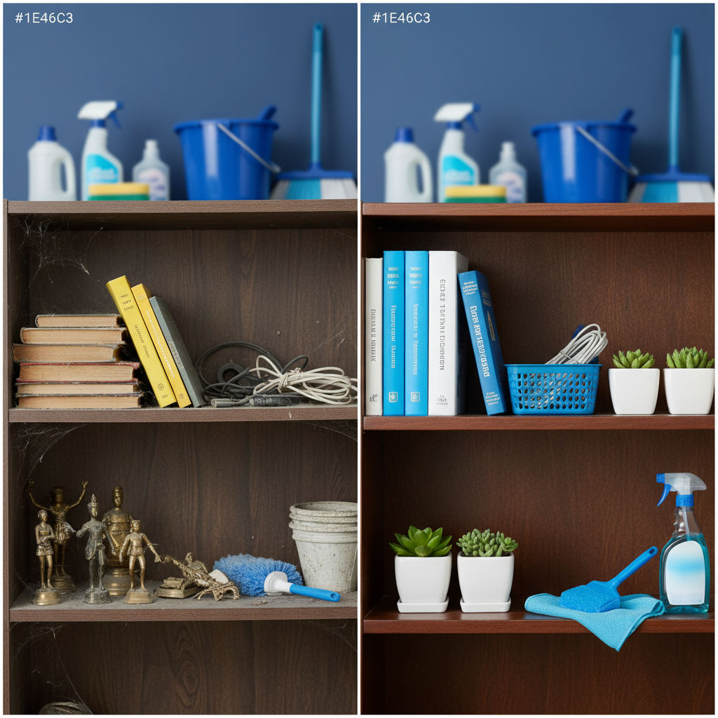 a side-by-side comparison illustrating a visibly dusty, cluttered shelf next to an identical shelf that is sparkling cle